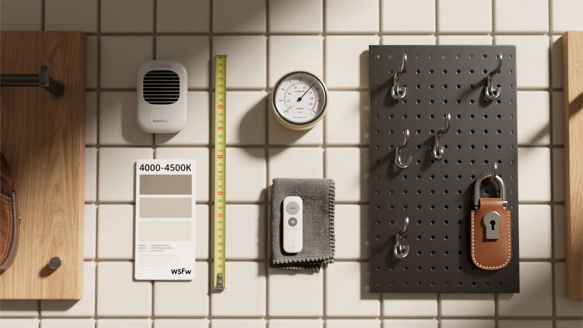 Top-down flat lay of tack room essentials: hygrometer, LED sample, measuring tape, hooks, conditioner, pegboard sample.