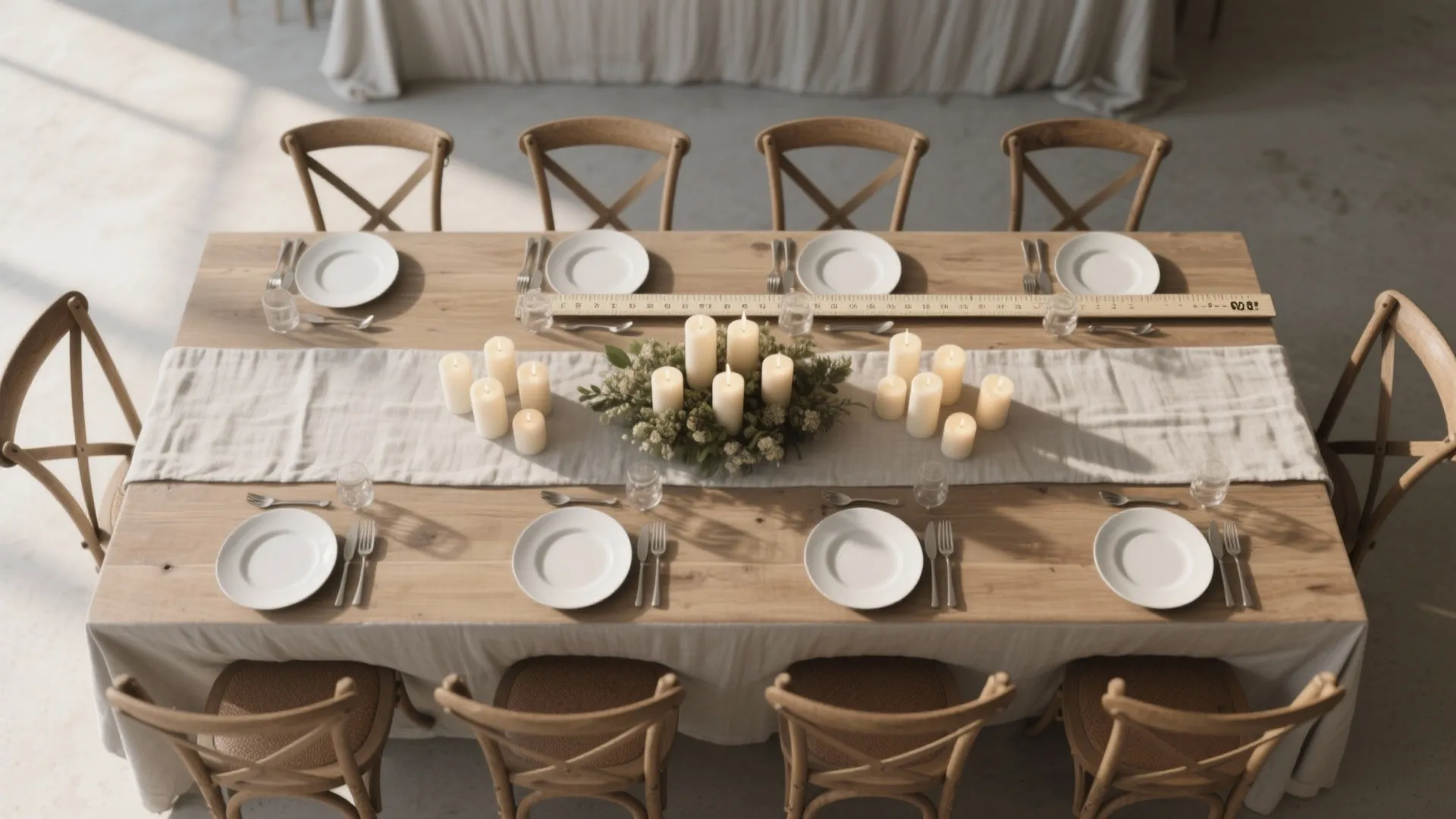 Long wooden dining table with white plates and many white candles as a floral centerpiece