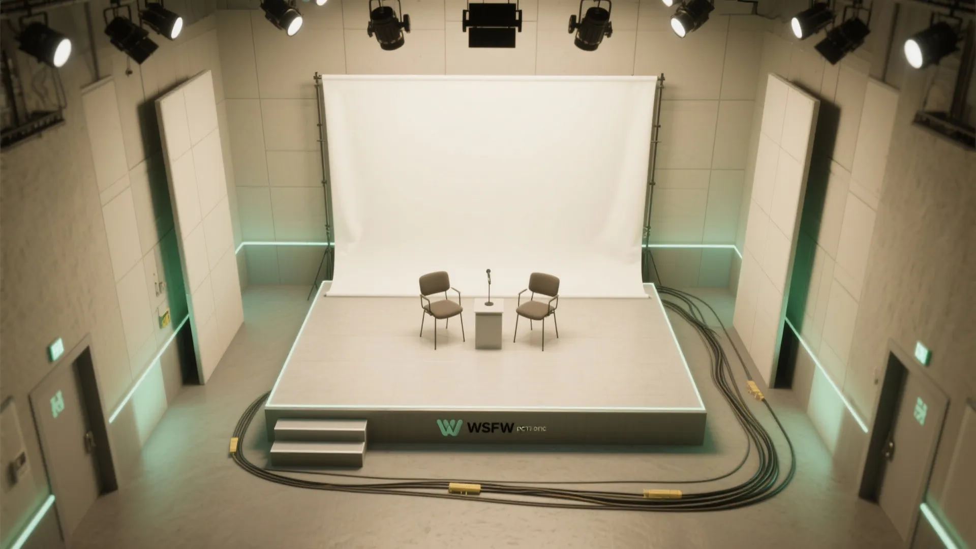 Interior design drawing of studio stage with two chairs a table and white backdrop screen