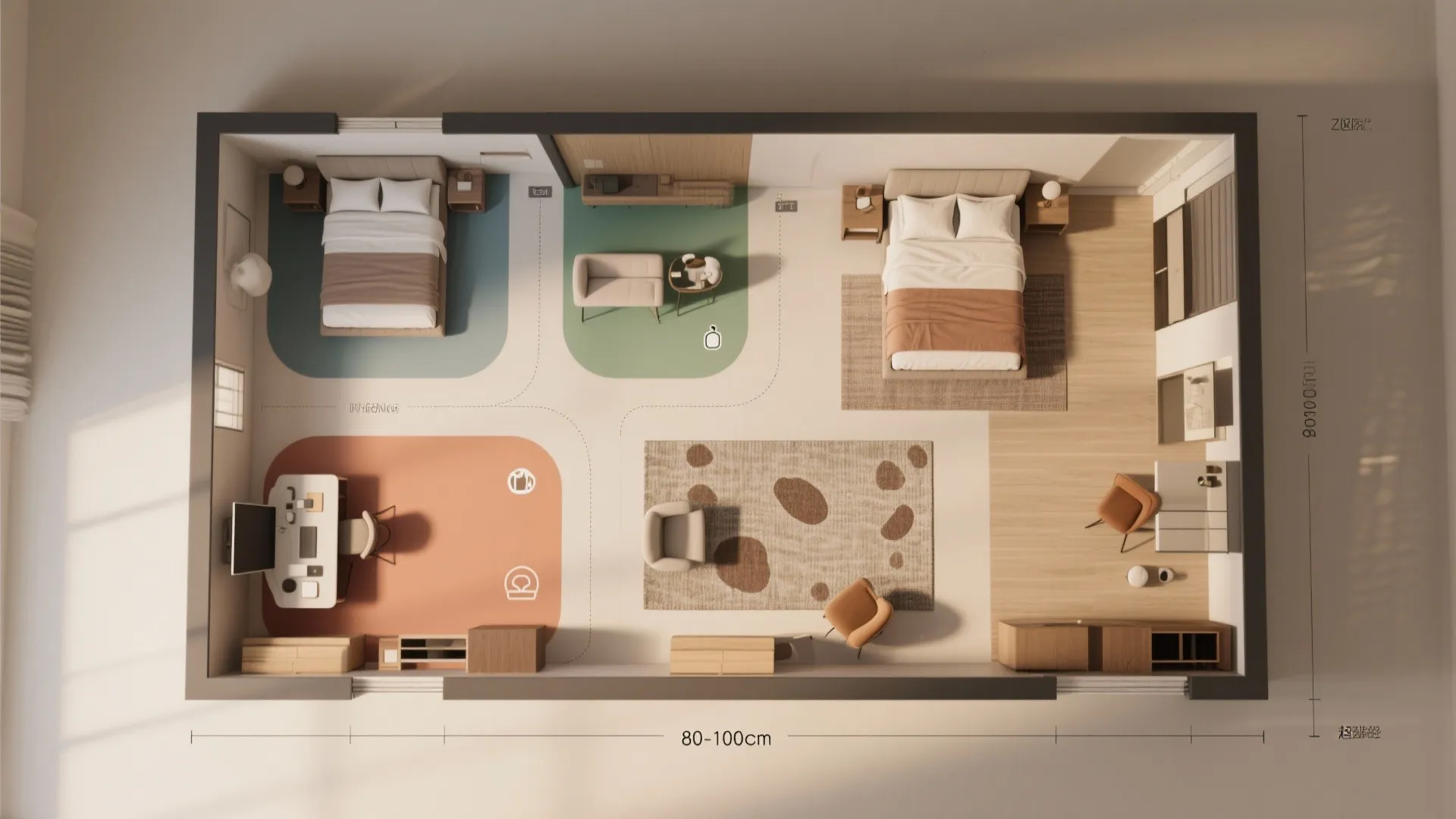Top-down floor plan of a large bedroom with color-coded zones and clear circulation paths.