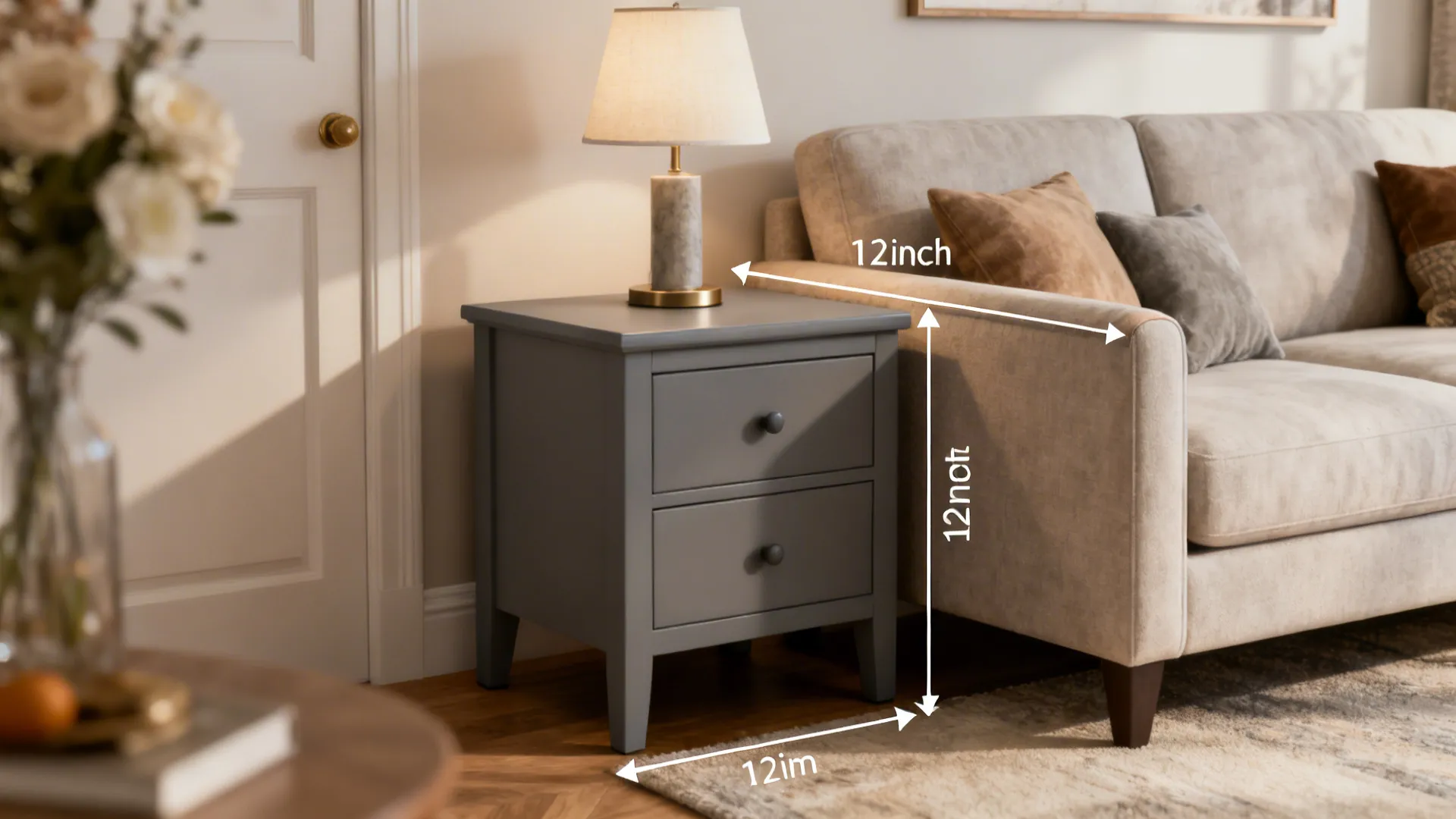 Staged small living room showing gray end table used as nightstand and proper scale next to sofa
