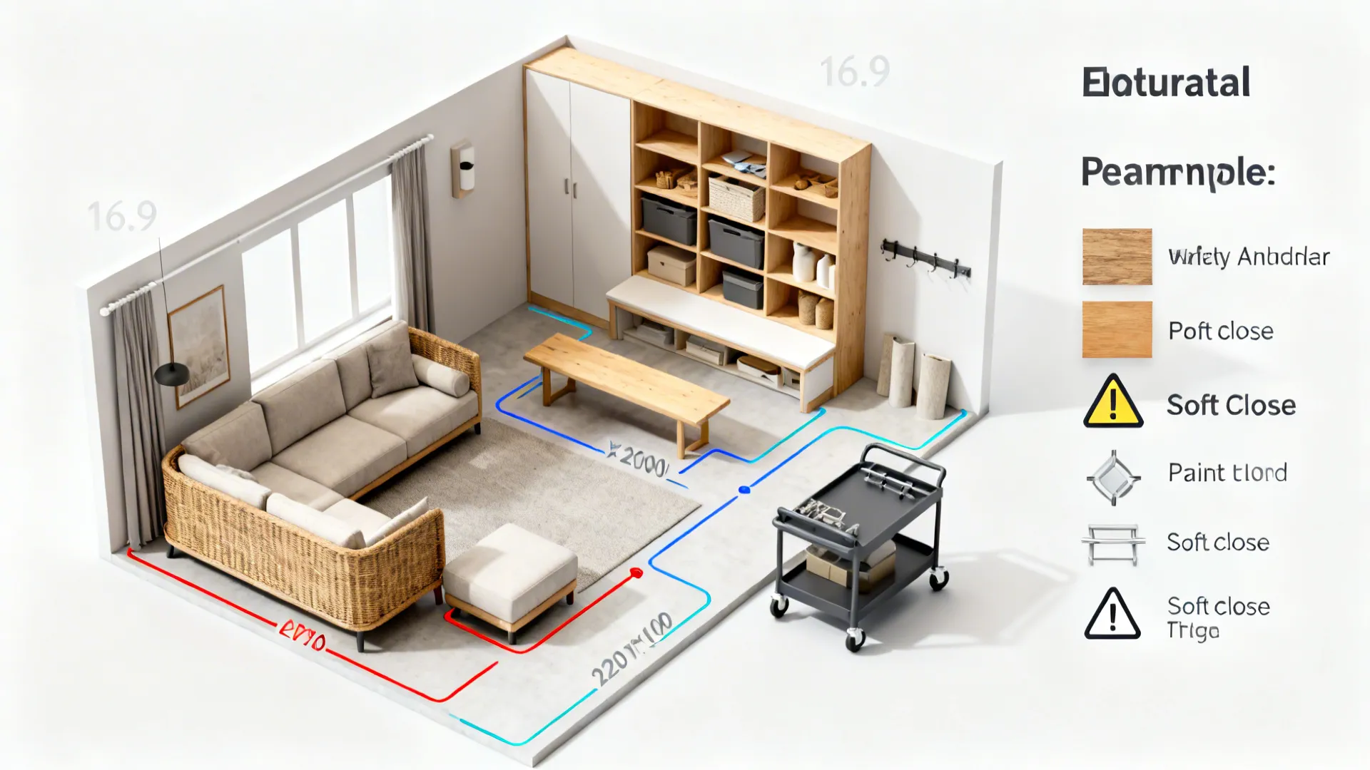 Top-down layout infographic of a small living room showing storage zones, materials, and safety tips.