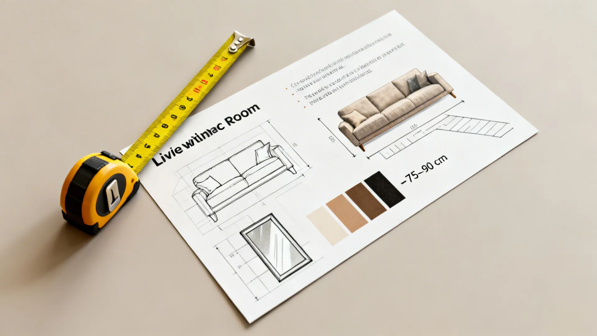 FAQ notecard with measuring tape, sofa sketch and color chips for small living room guidance