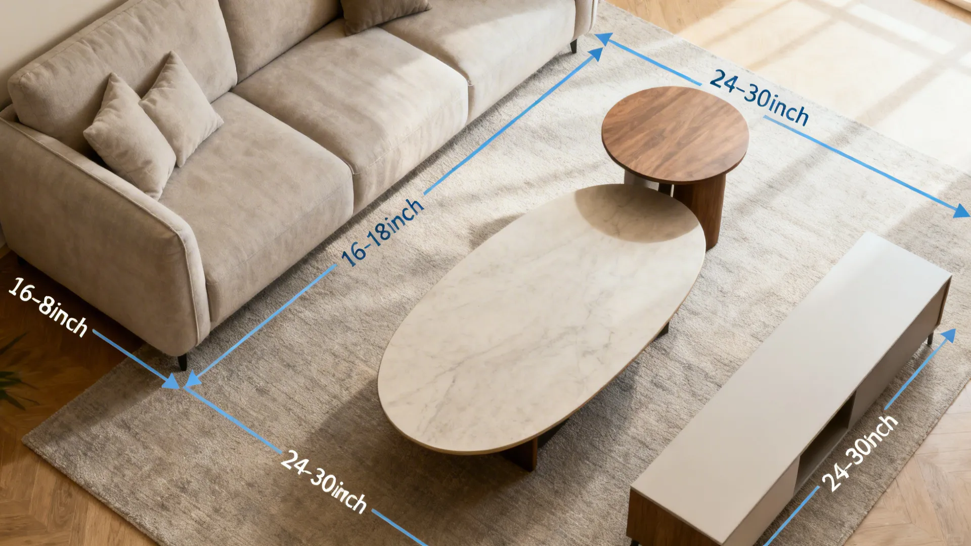 Top-down cheat sheet showing sofa with round, oval, and rectangular table outlines and clearances.