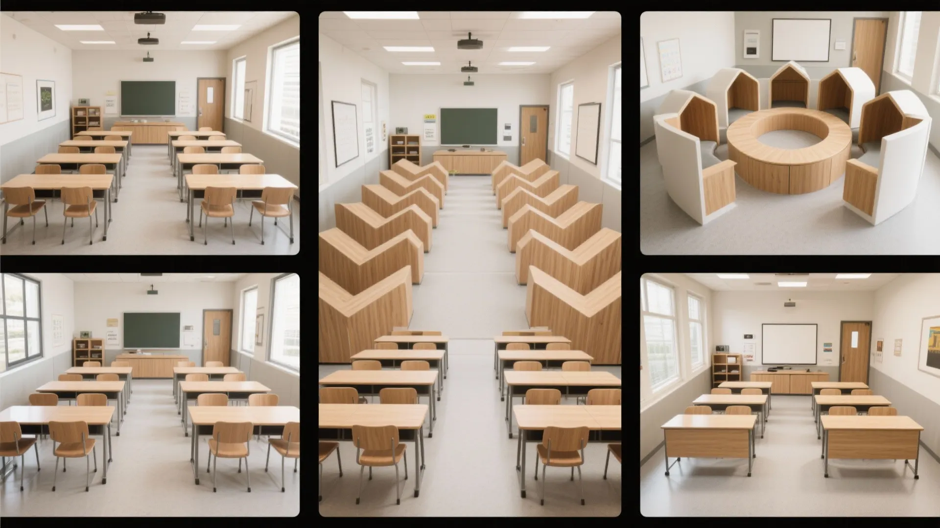 Collage of different classroom room layouts featuring various desk arrangements for students and teaching spaces