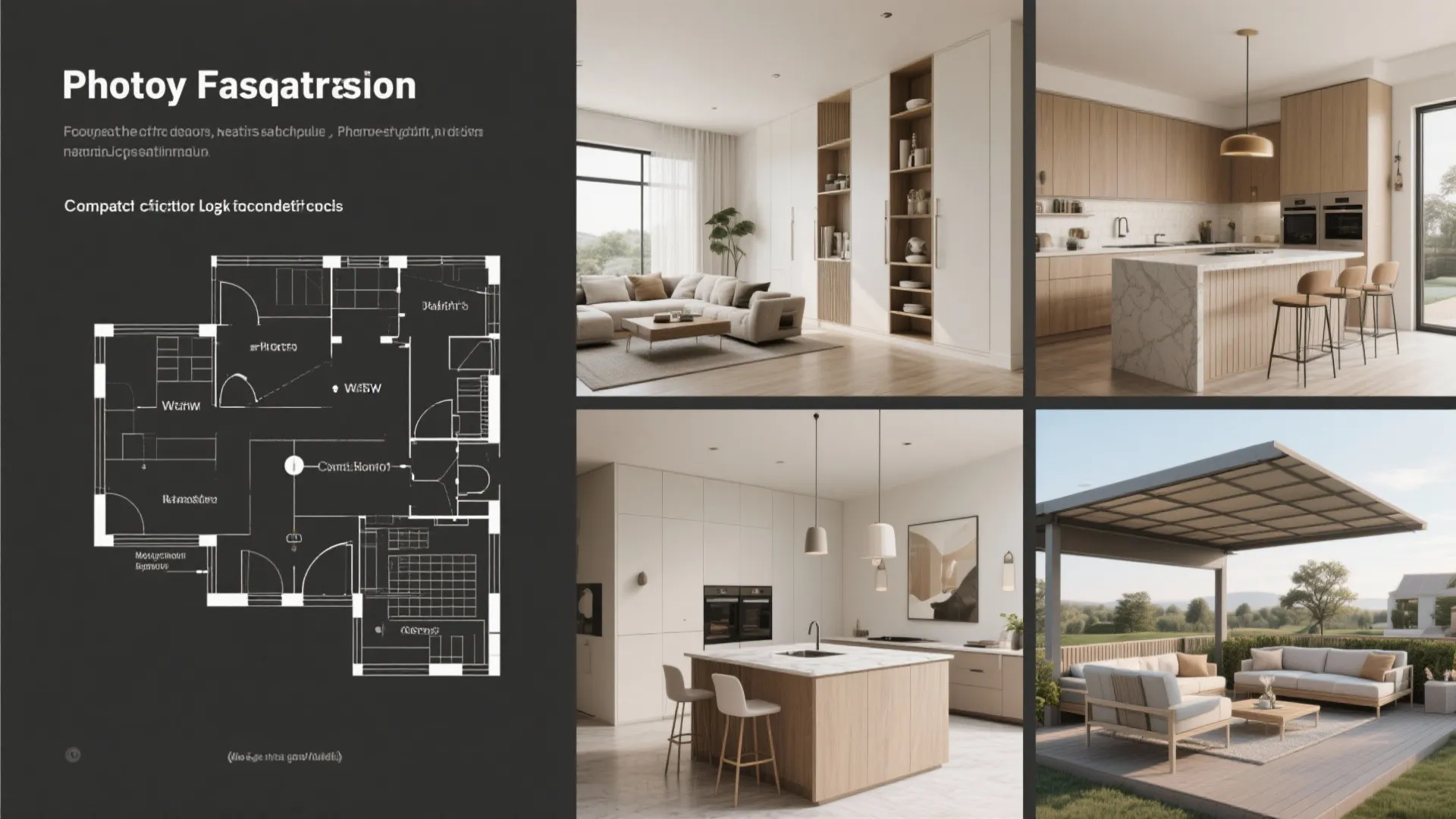 Collage of layout solutions: circulation loop, built-ins, movable island and outdoor connection