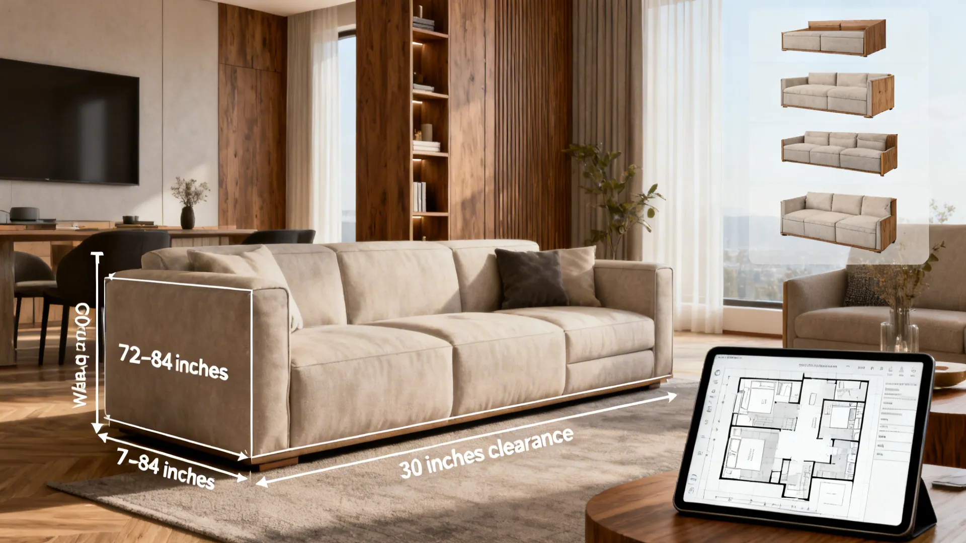 Collage showing furniture measurements, vertical storage and room planner mockup for small living rooms.