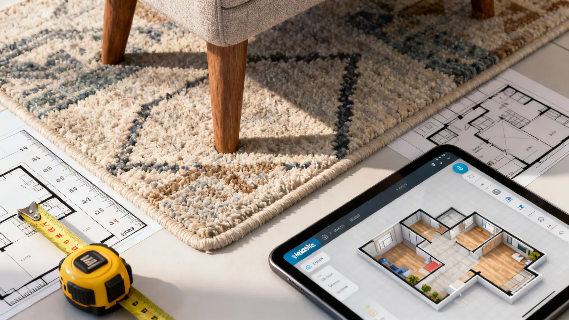 Detail of rug, measuring tape and a tablet showing a 3D floor planner for seating clearance.