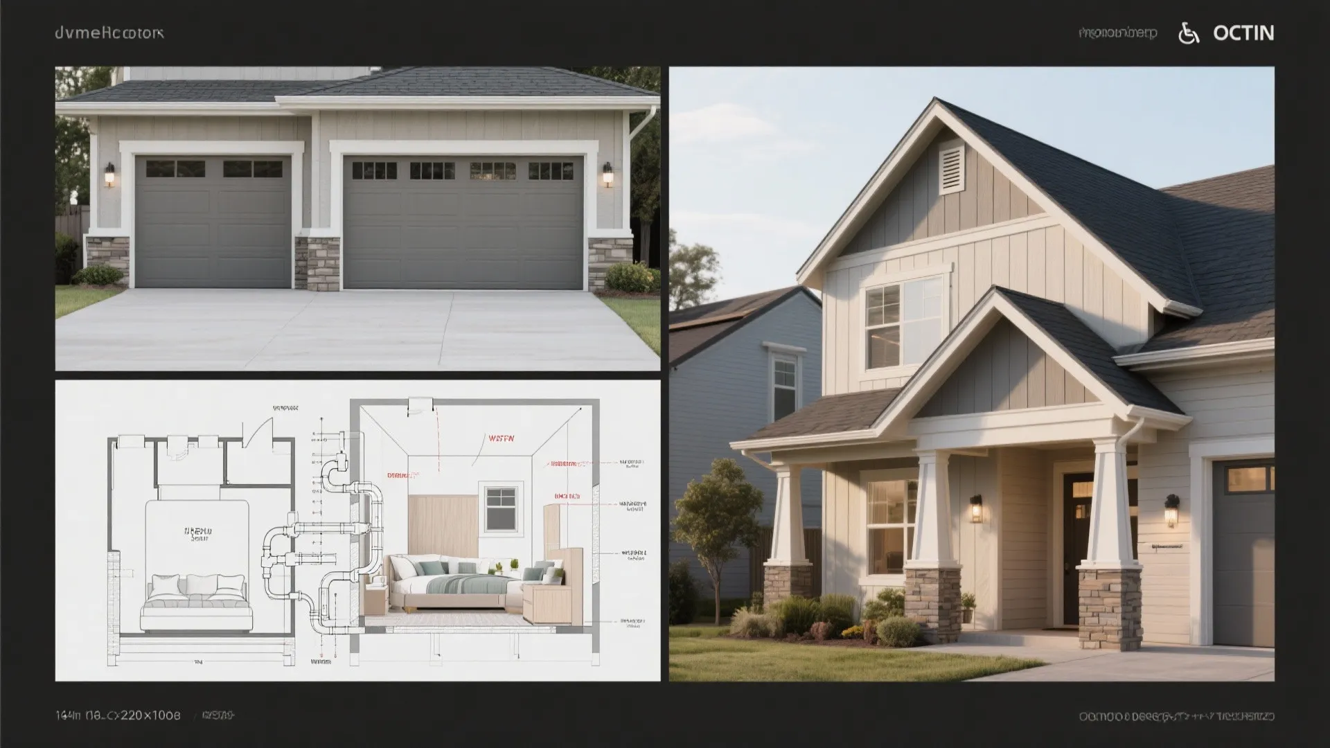 Collage of layout details: garage plan, master suite accessibility, plumbing stack and covered porch.