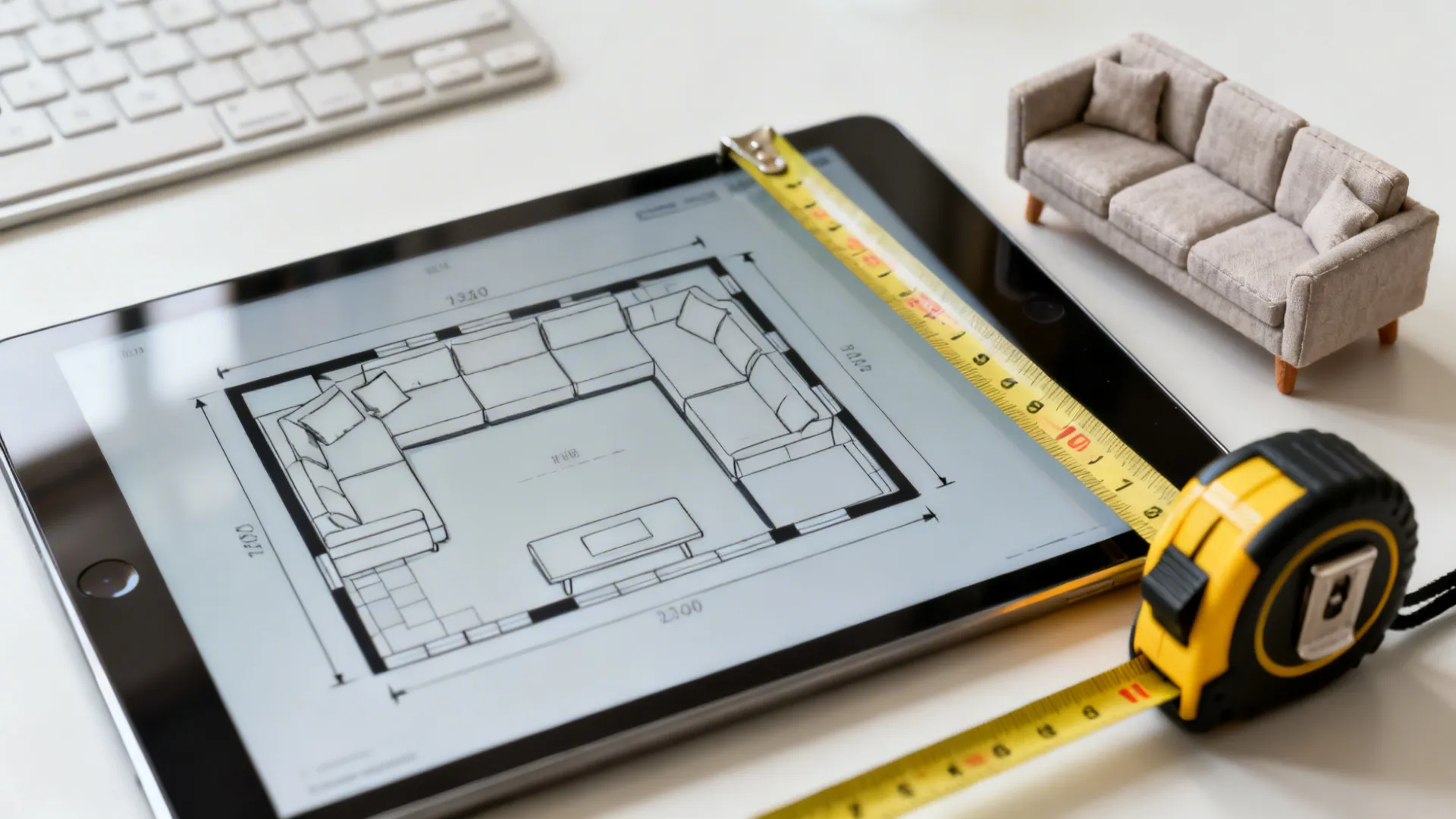 Tablet with floorplan, tape measure and miniature sofa model for sectional measurements