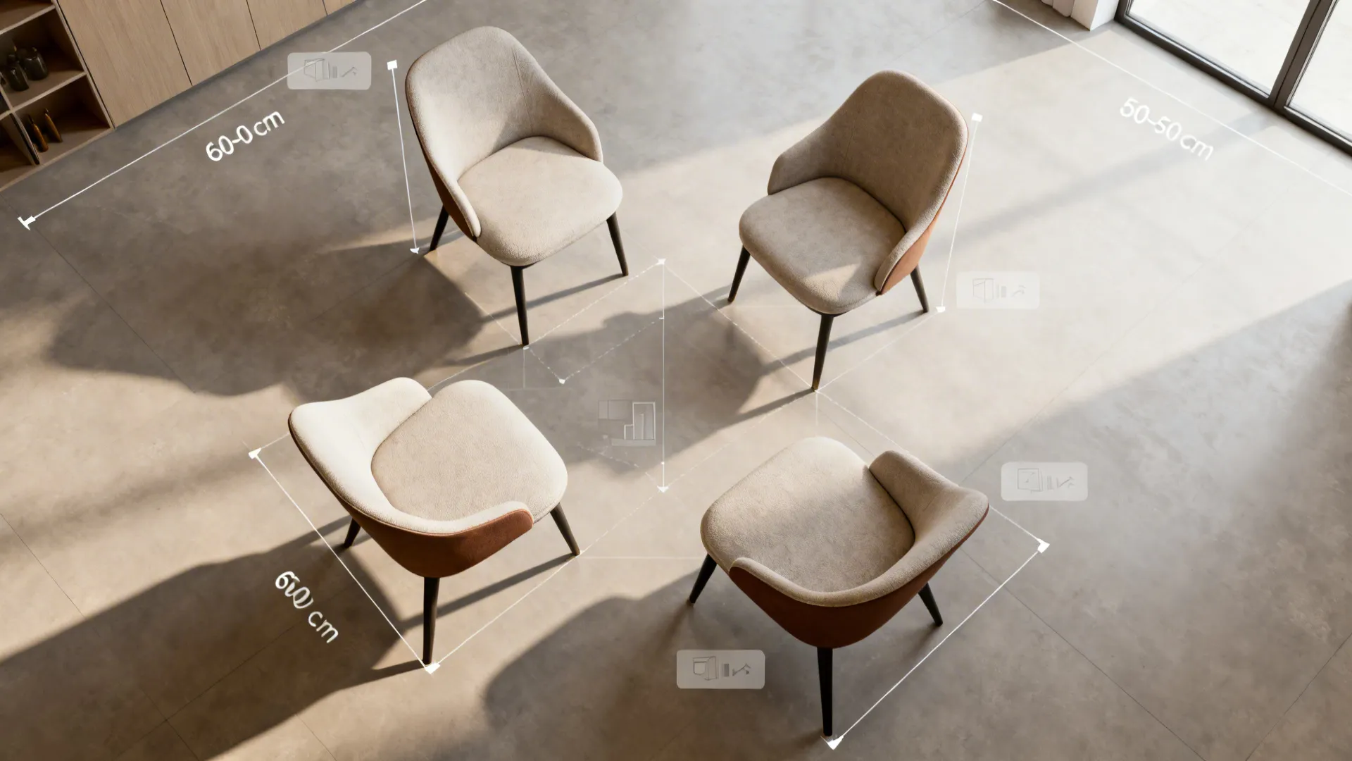Top-down mockup showing circulation measurements and multiple four-chair layout options