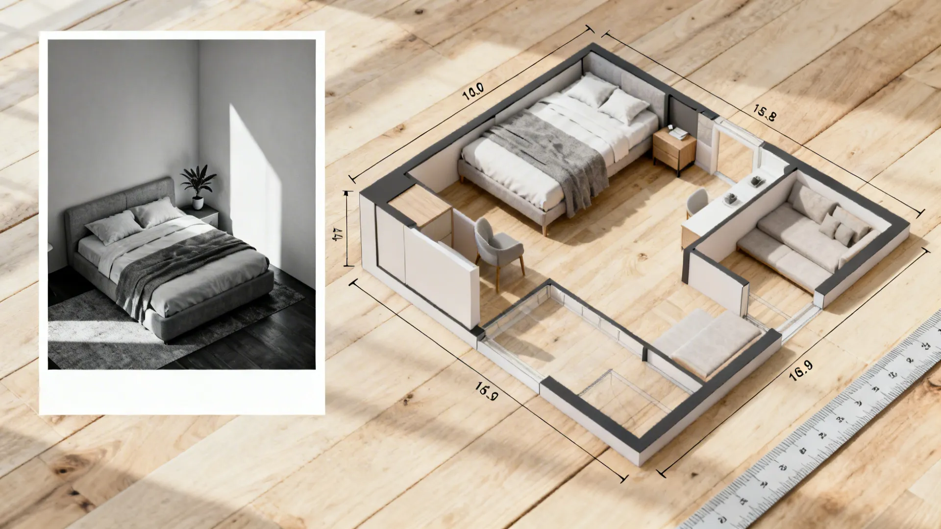Collage of small bedroom layout diagrams and black-and-white bedroom corner, illustrating spatial solutions.