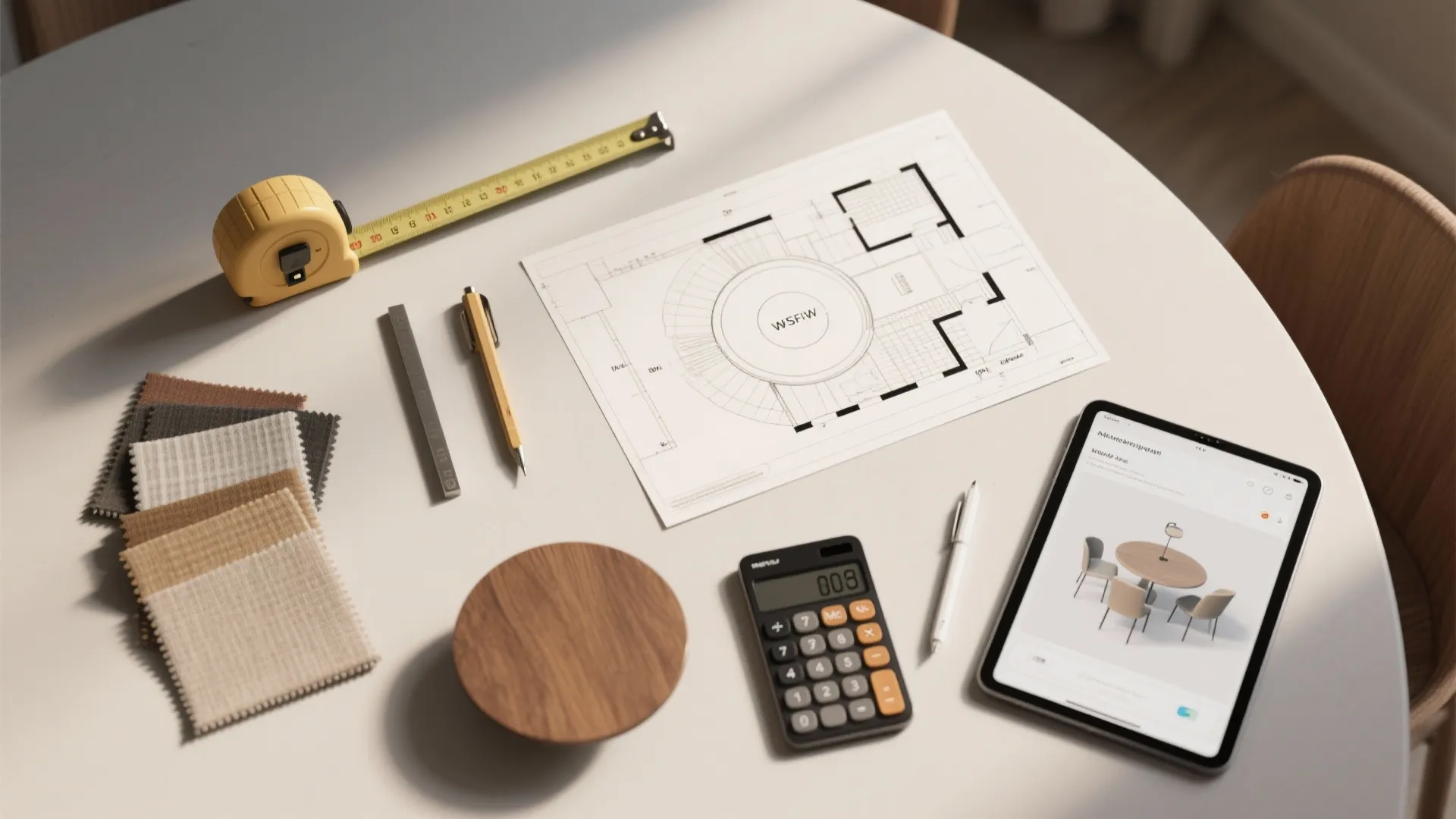 Flatlay of floor plan sketch with measuring tape fabric samples calculator and tablet on table