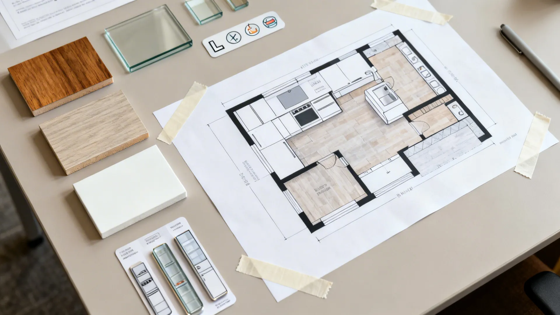 Desk with kitchen floor plan drawing wood samples glass tiles and interior design project material boards