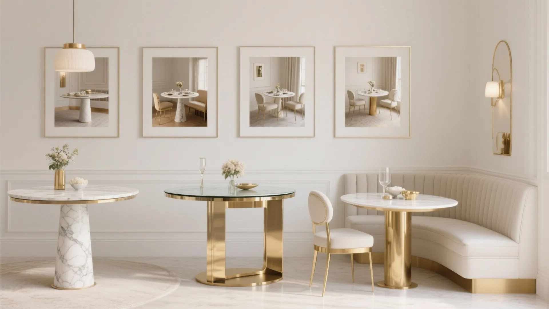 Gallery of small dining layout options in white and gold showing different table styles and solutions