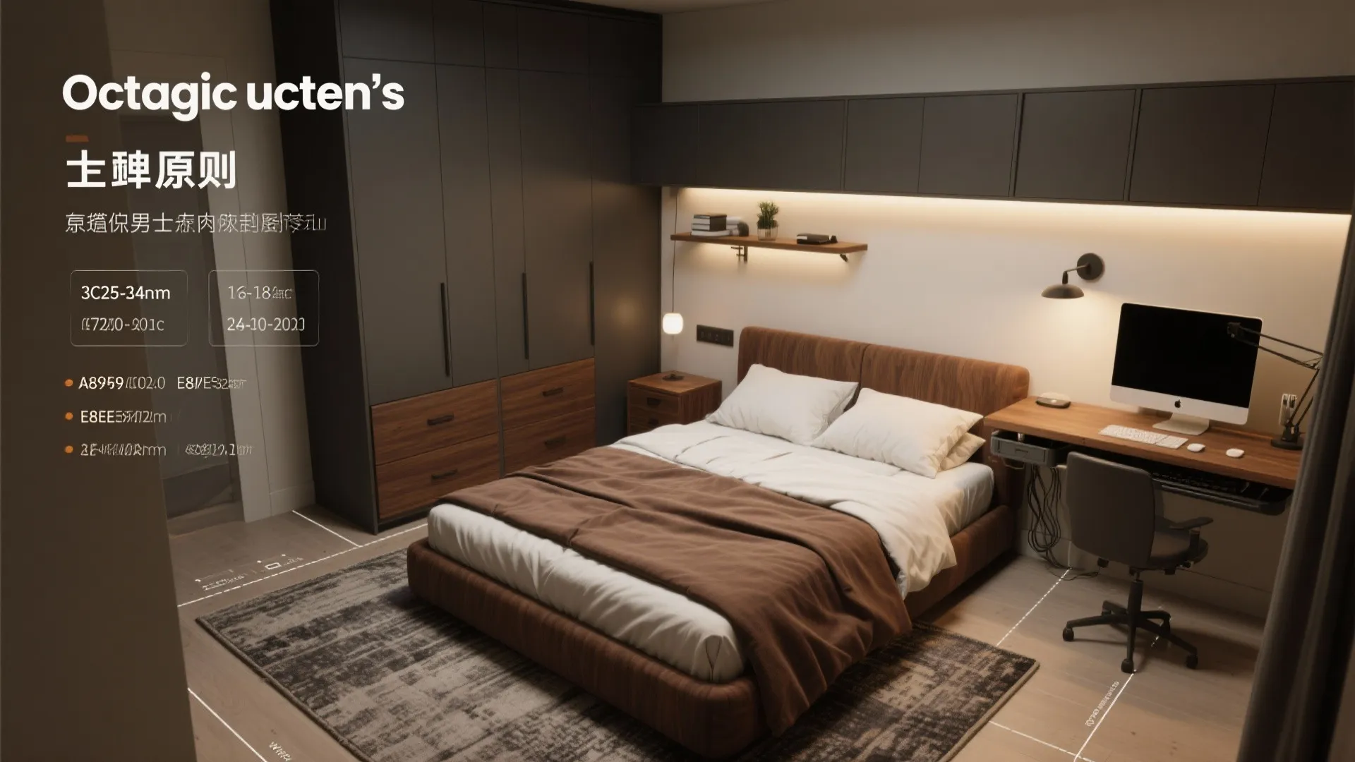 Interior design drawing of a small bedroom with brown bed dark wardrobe and desk setup