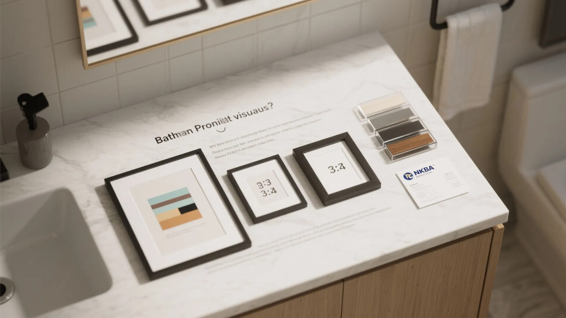 Modern bathroom vanity top with picture frames showing layout guide next to small wood samples