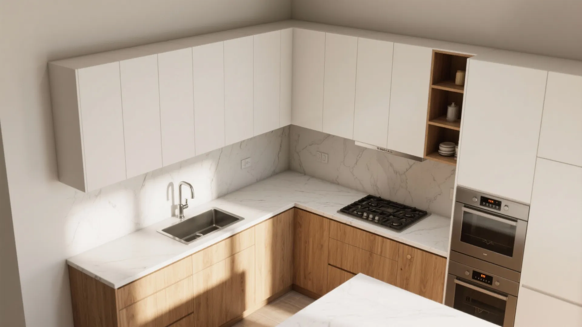 Top-down visualization of cabinet clearances, depths, and floating anchoring concept.