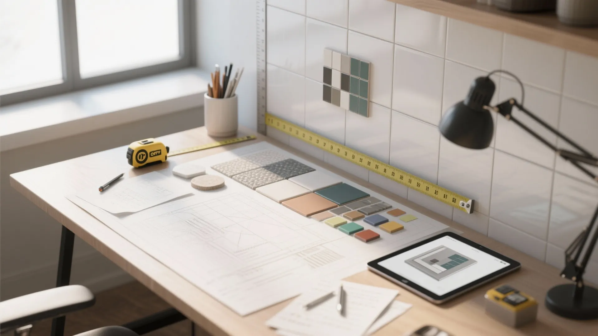 Top-down view of a designer's table with backsplash mockup, tile samples, measuring tools and a tablet showing a 3D render.