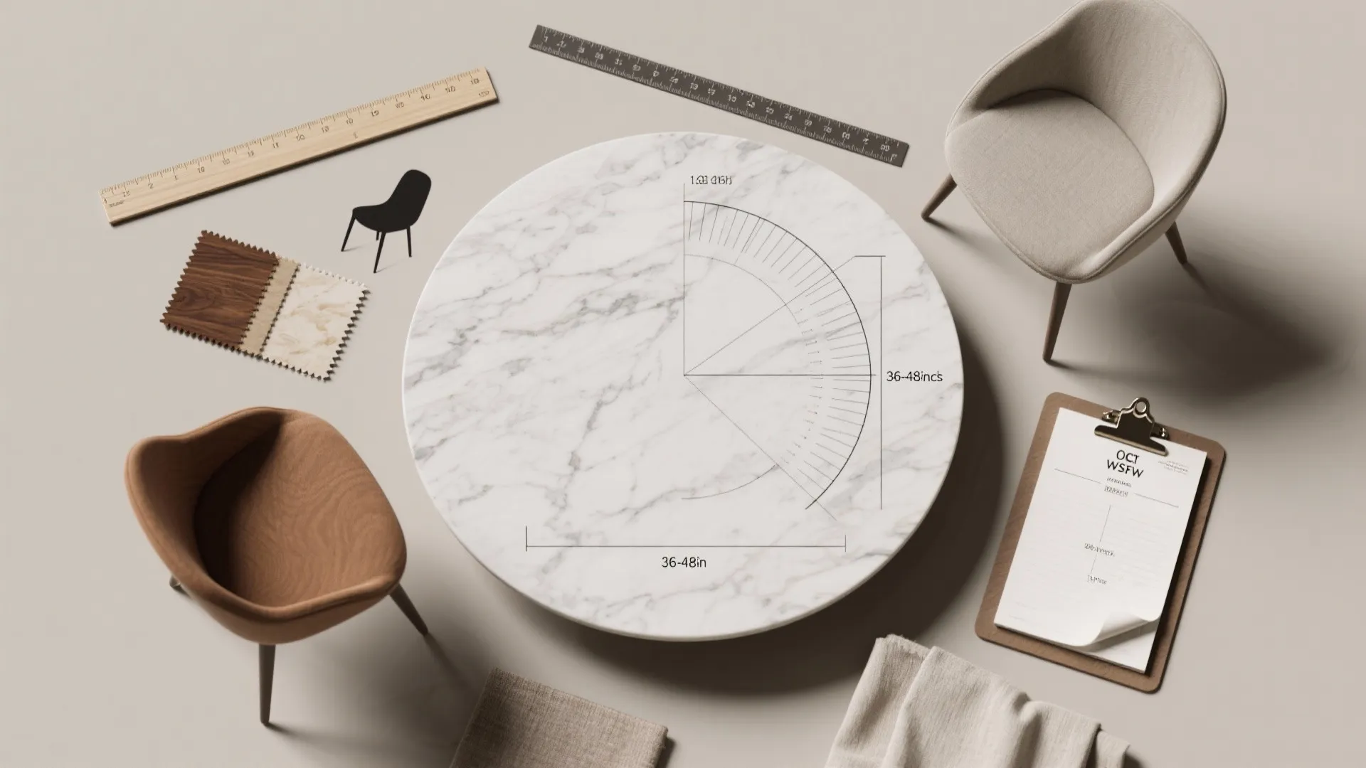 Top view interior design drawing of round table layout with chairs rulers and measurement notes