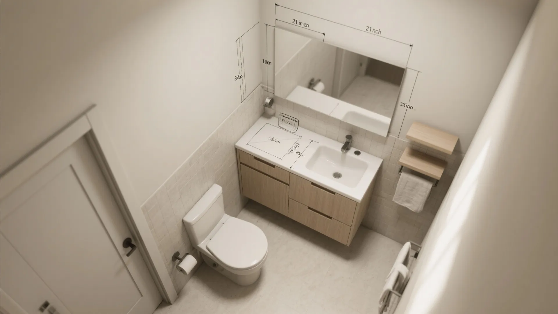 Top view of bathroom interior design drawing with measurements for mirror sink toilet and cabinet