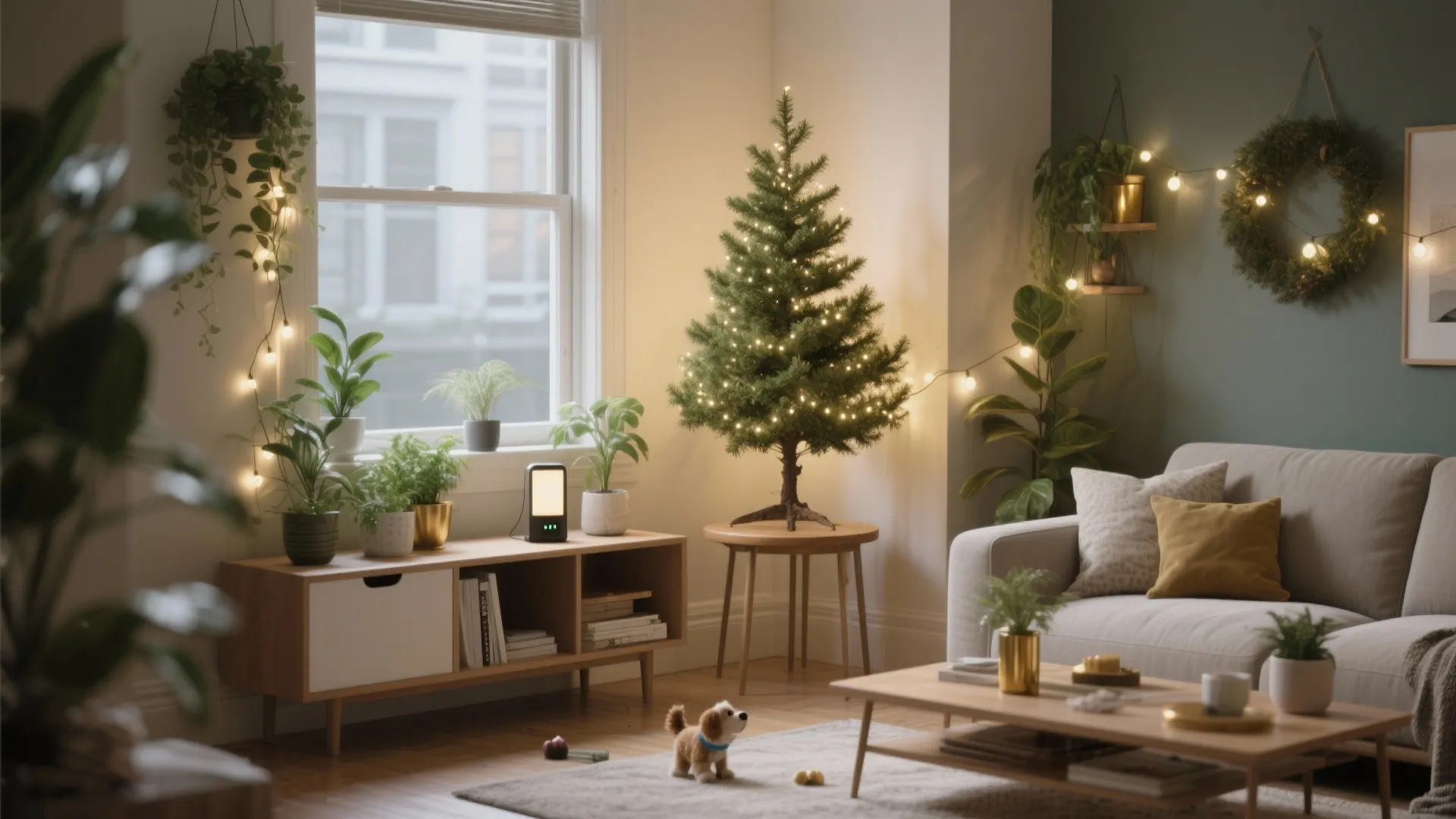 Photorealistic small living room layout showing safe, space-saving holiday decor placements with no text overlays.