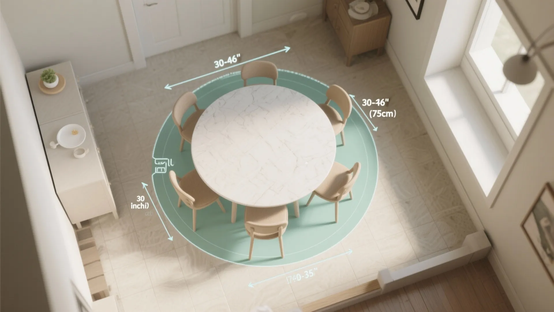 Dining room layout guide with round marble table chairs and measurements for proper spatial distance