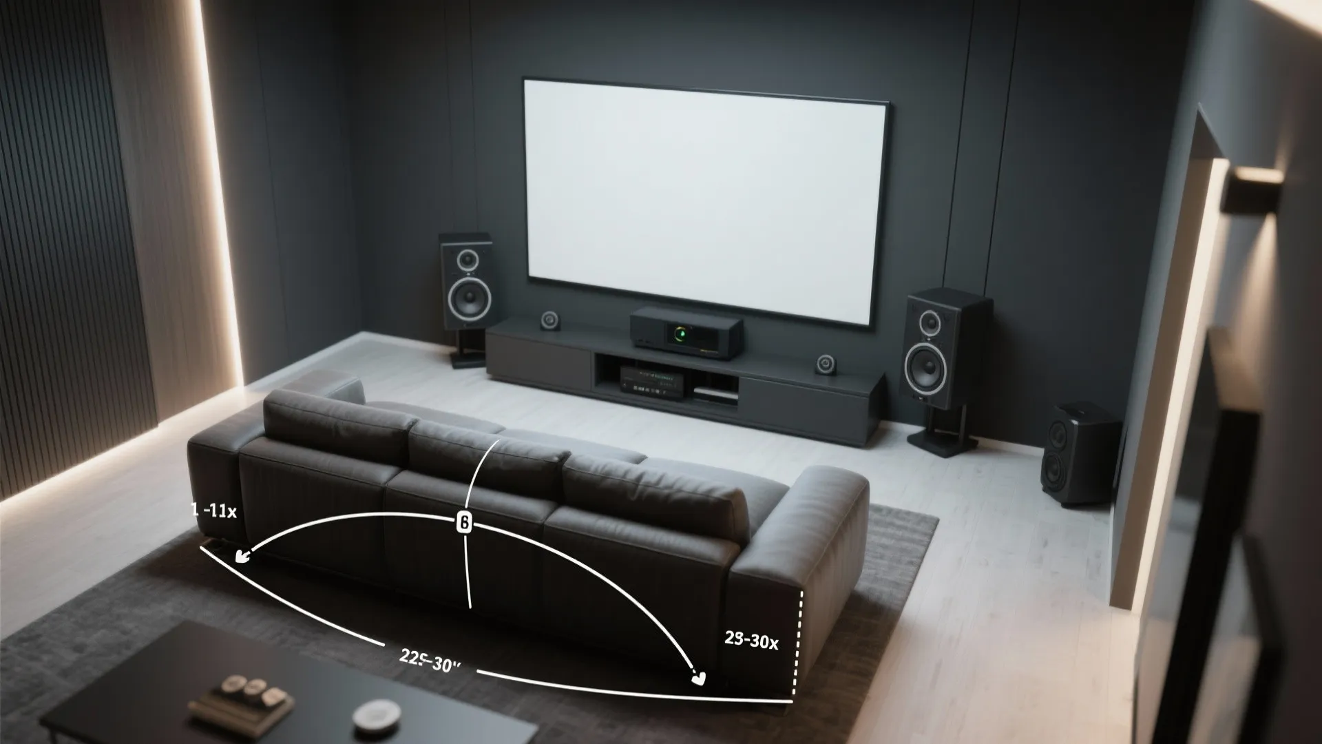 Living room layout guide showing sofa placement dimensions with large screen and black audio speakers