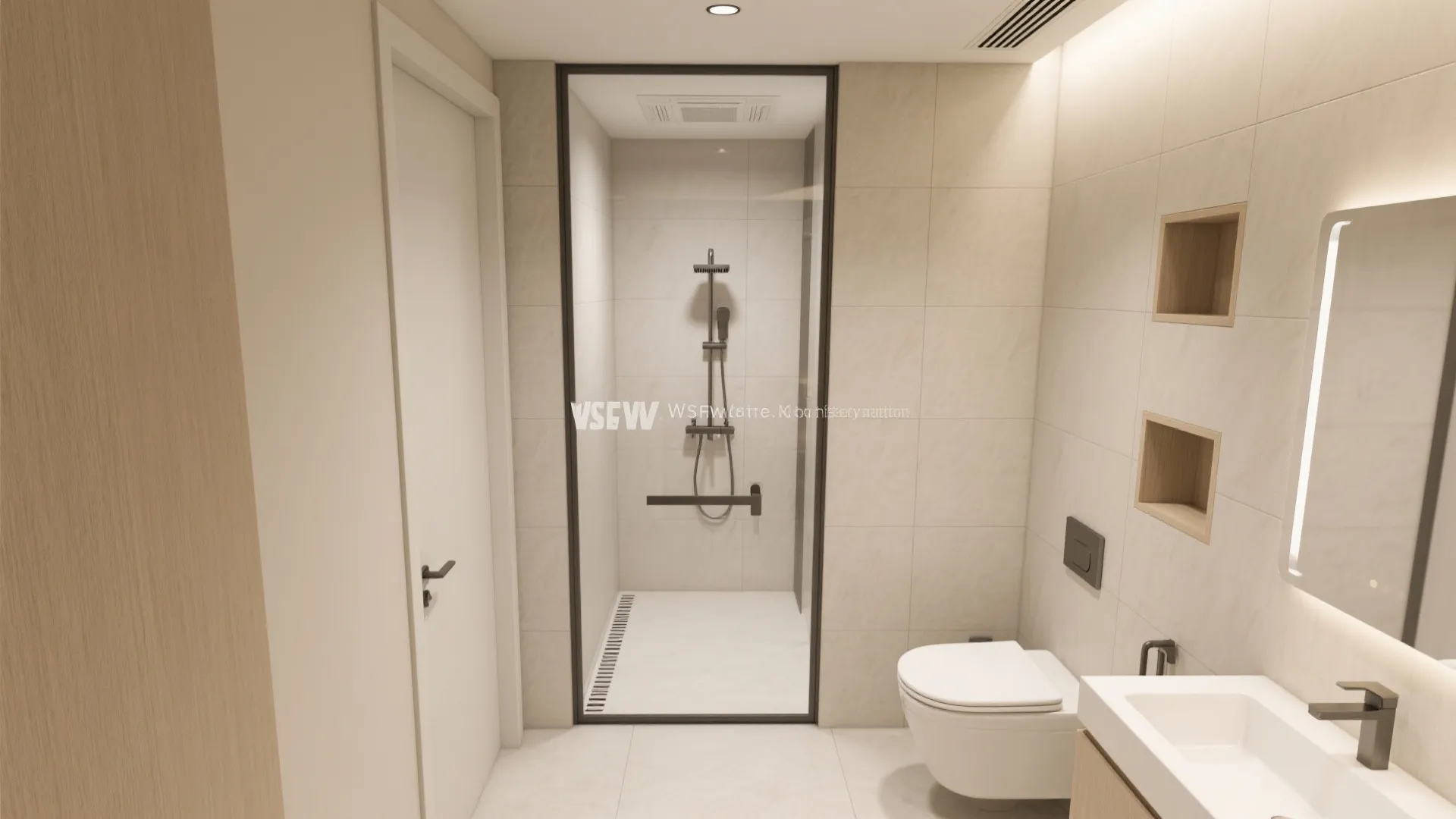 Modern bathroom interior design showing a walk in shower toilet sink mirror and beige tiles