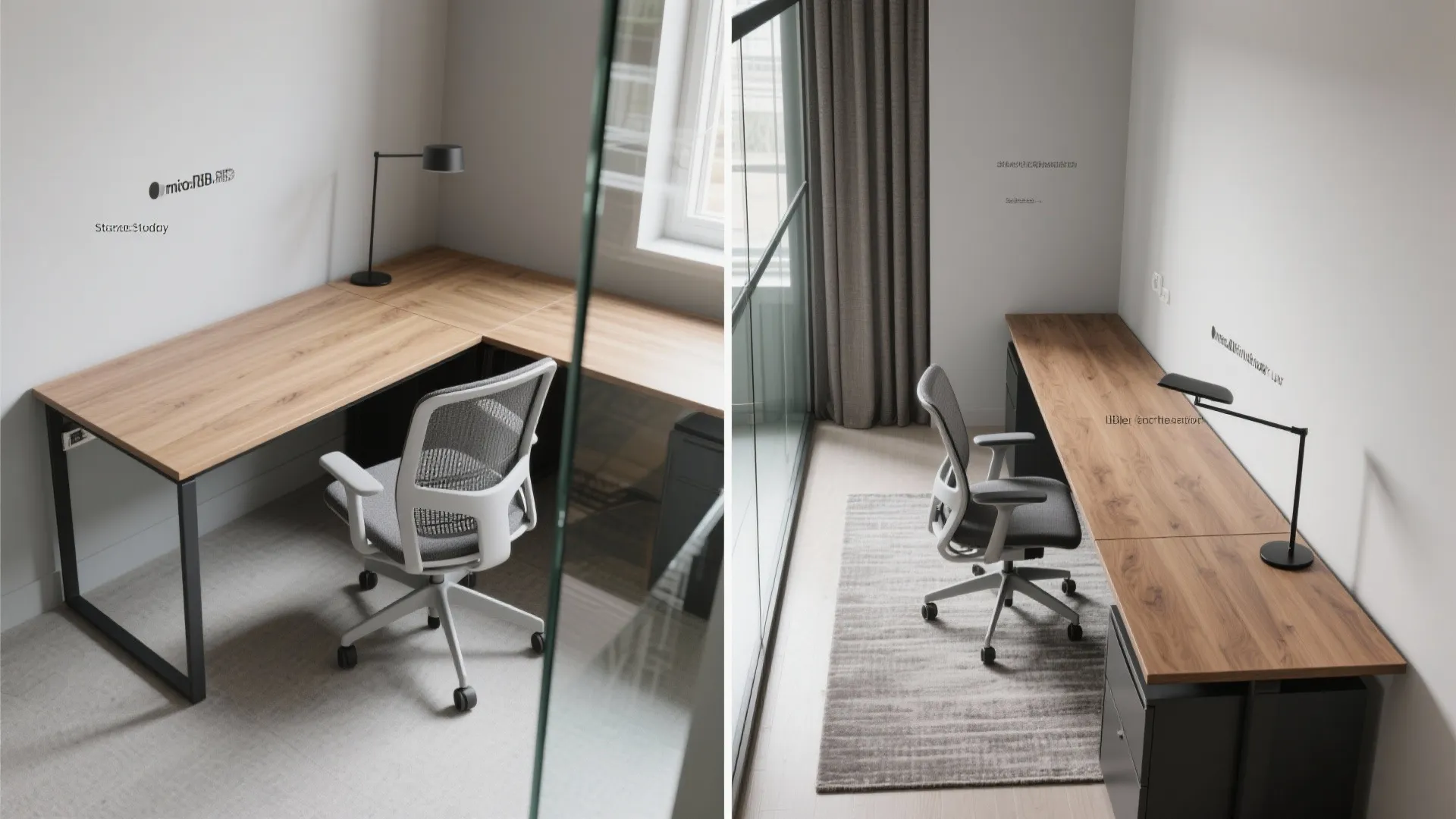 Modern home office featuring wooden desk grey mesh chair black desk lamp and bright natural light