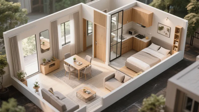 Compact Studio Apartment with Natural Wood and Neutral Tones