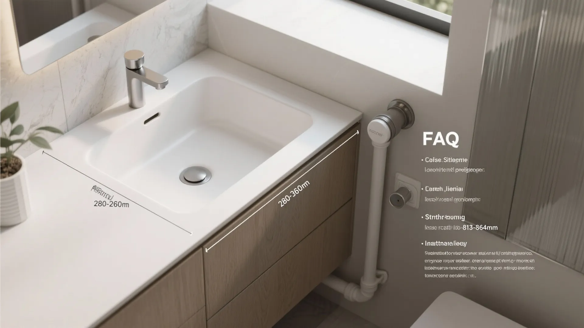 Top view of a white bathroom sink showing dimensions and wood cabinet with FAQ text