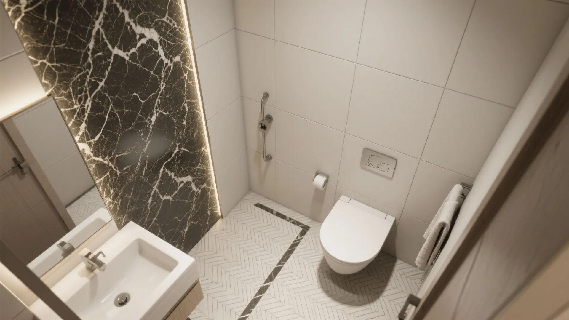 Top-down layout showing minimized grout, feature walls, textured accents, herringbone floors, and polished wall zones.