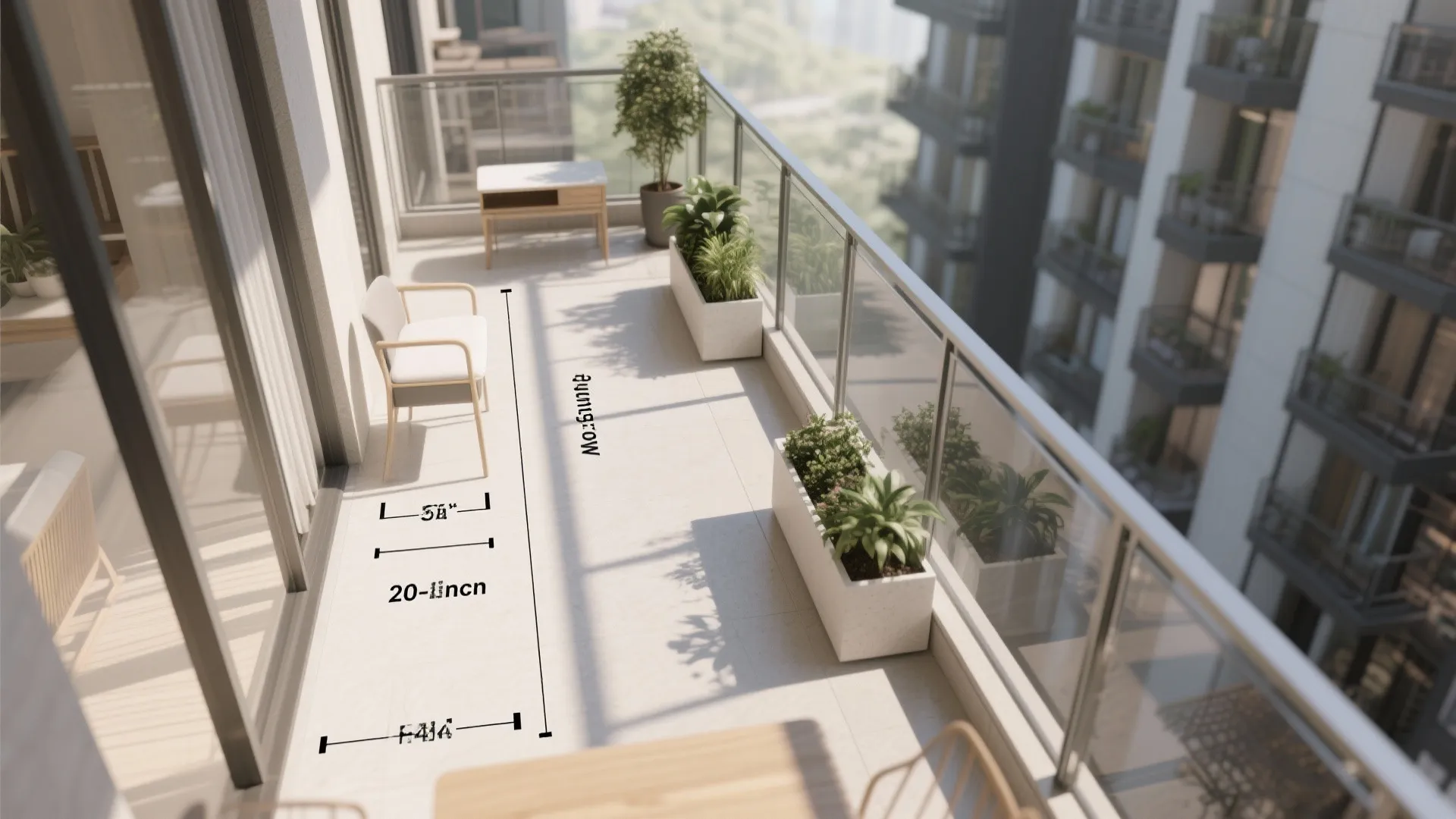 Top-down balcony planning guide showing circulation, slim furniture, and vertical planter placement.