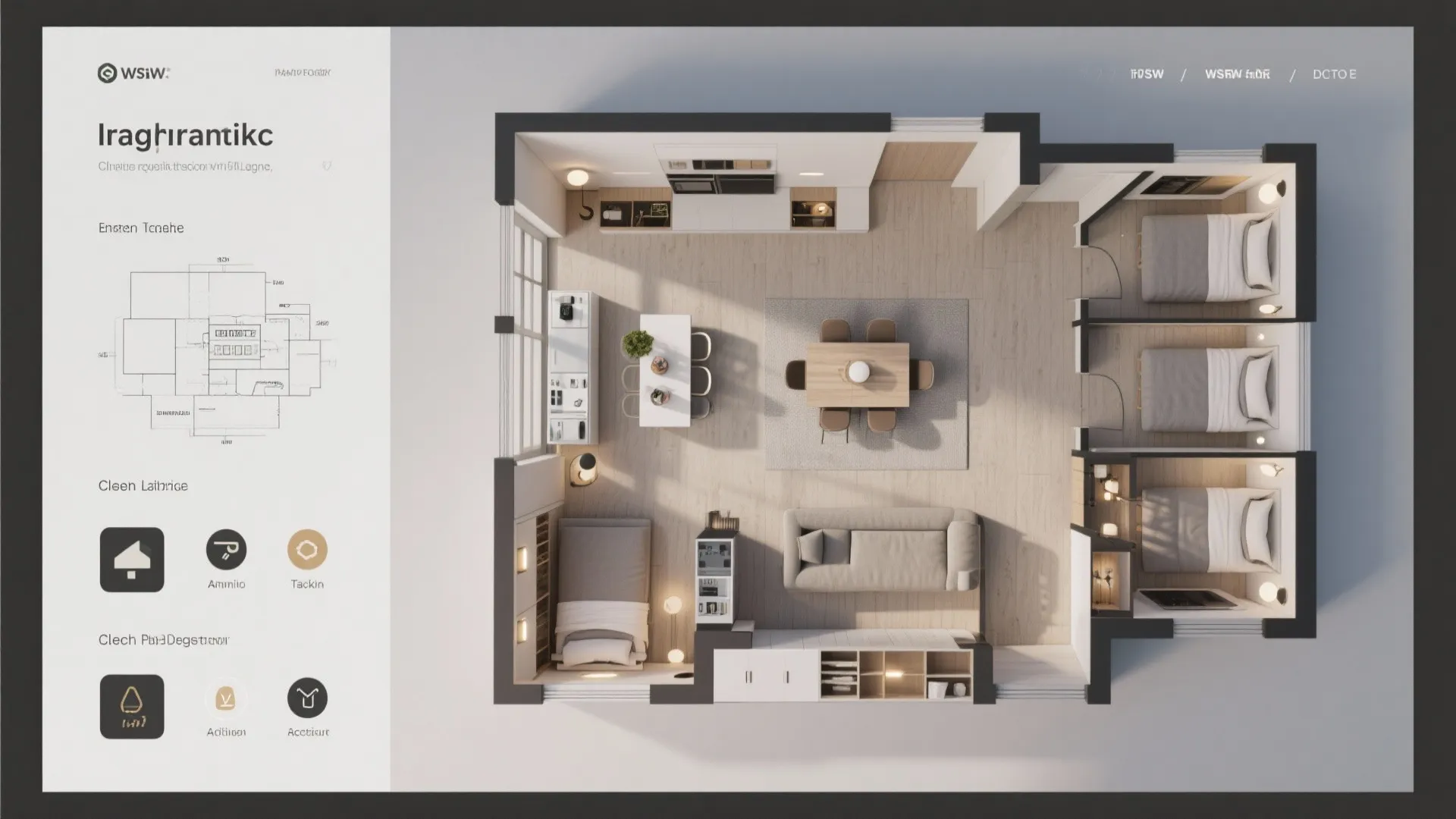 Top view interior design drawing of apartment layout showing living room kitchen and three bedrooms