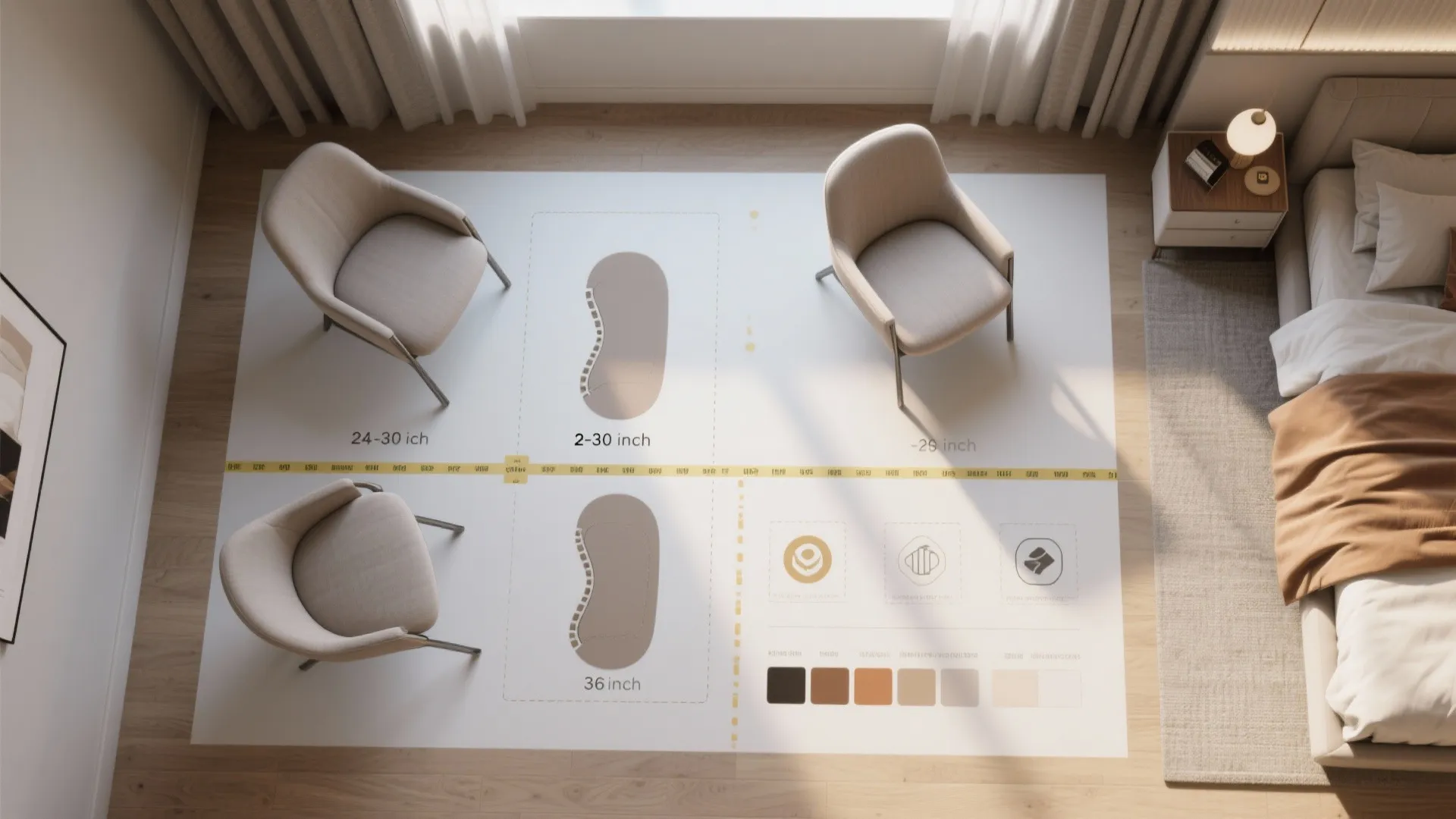 Top-down bedroom layout guide showing chair dimensions, clearances, and material swatches