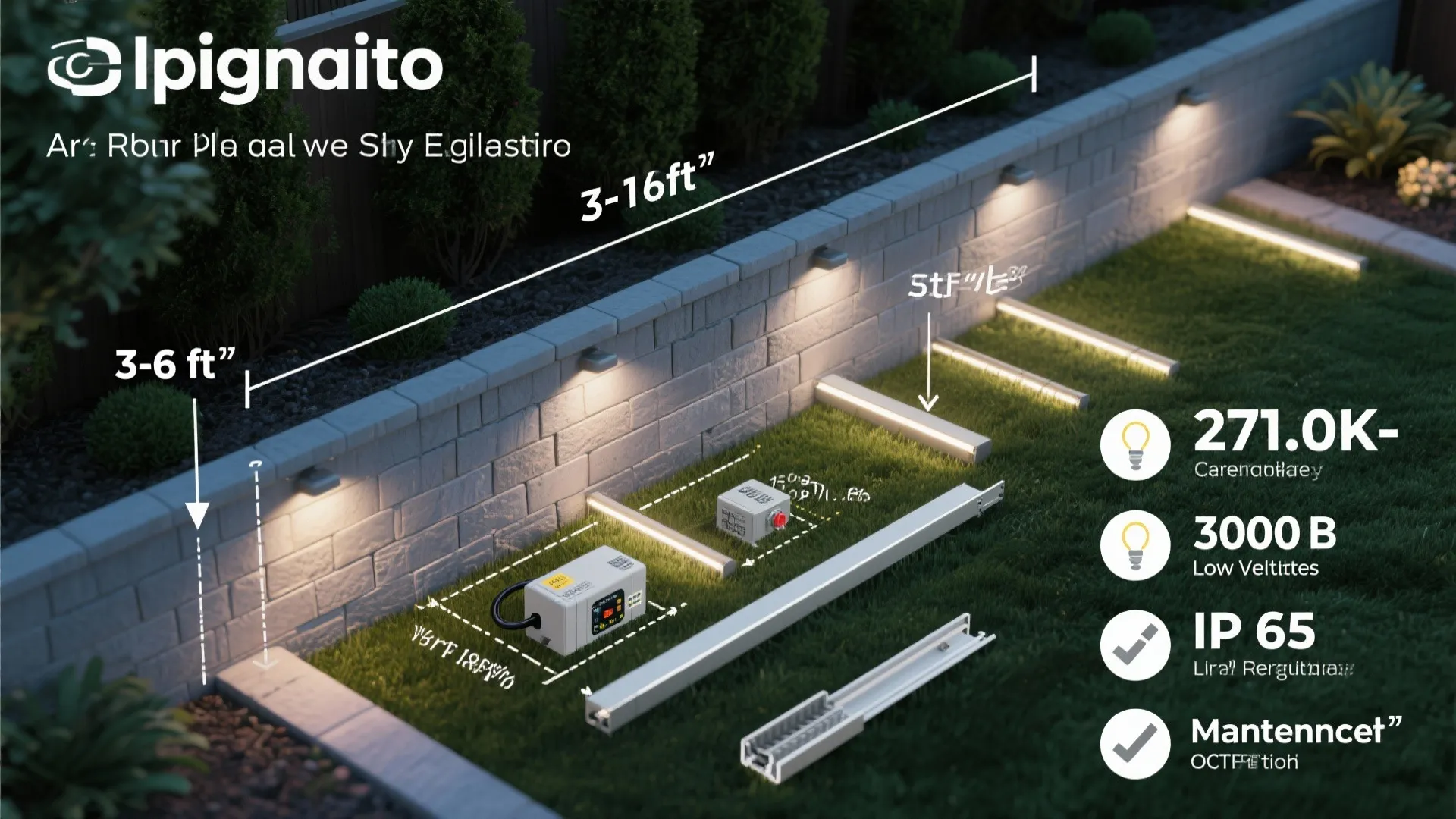 Infographic showing garden light installation guide with measurements for wall lights and lawn light strips