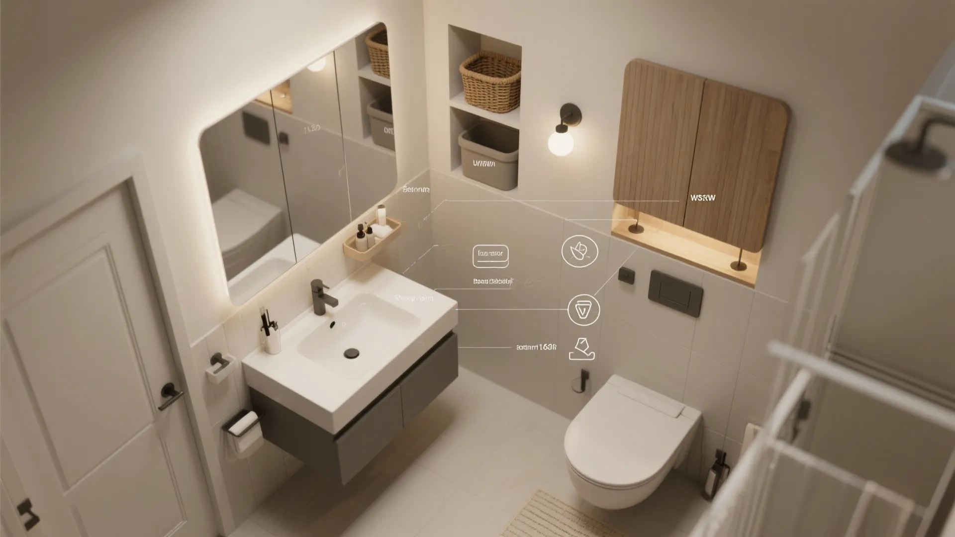 Small bathroom layout showing sink toilet mirror and wall light with white tiles and labels