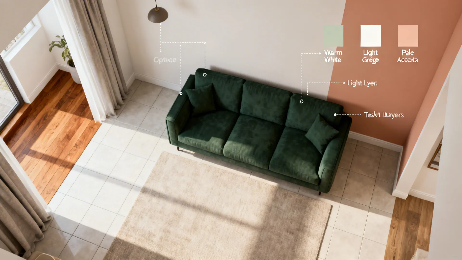 Top-down layout guide for styling a dark green couch with wall color and lighting options