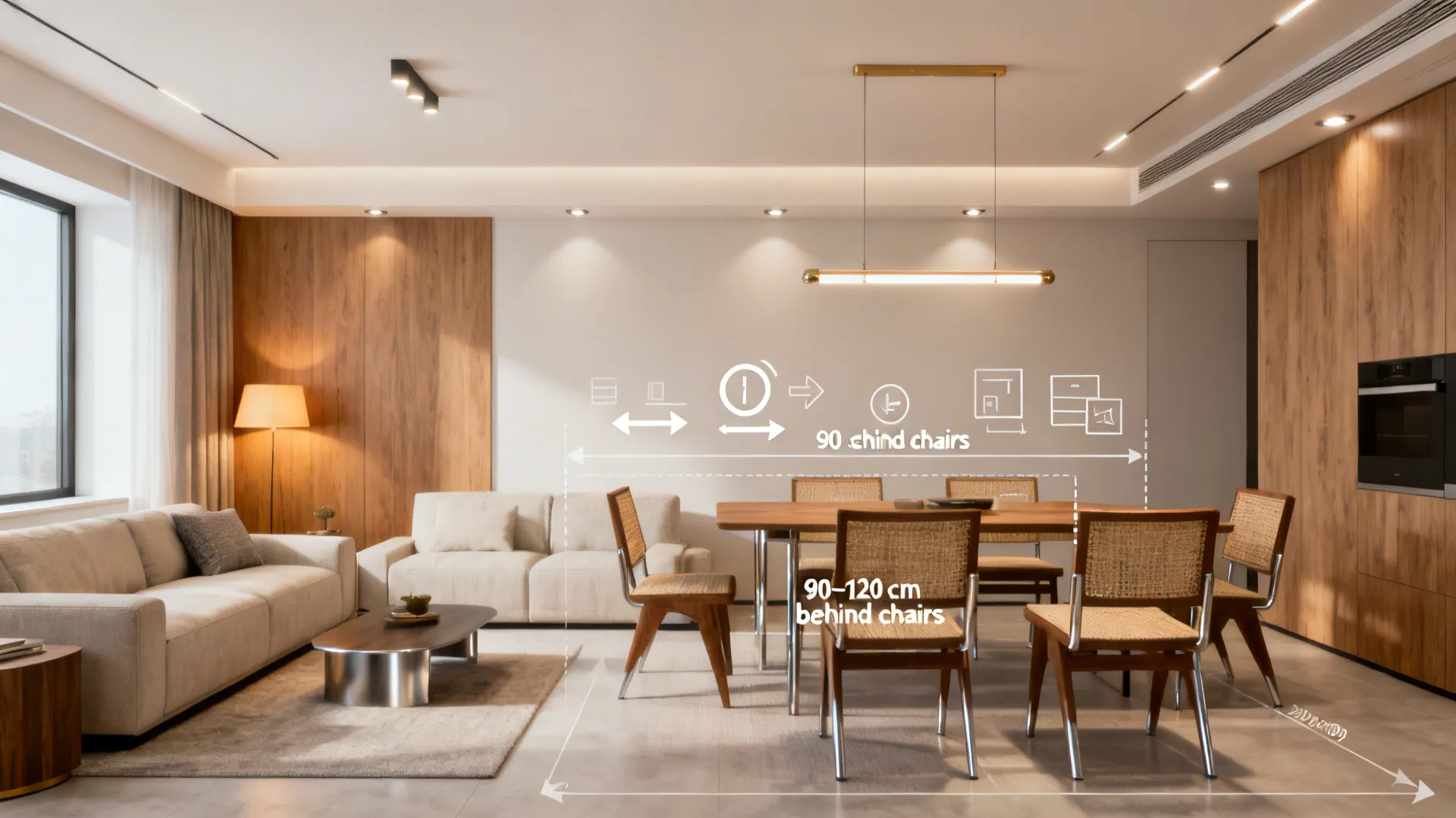 Bright interior with subtle layout diagrams and spacing annotations illustrating open-plan FAQ guidance