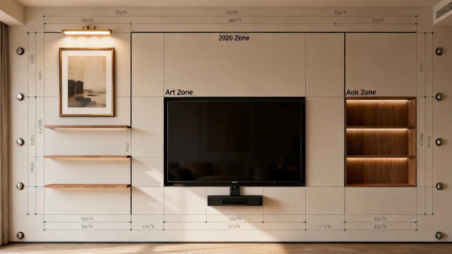 Living room wall layout guide with dimensions for television placement wall art and open shelving