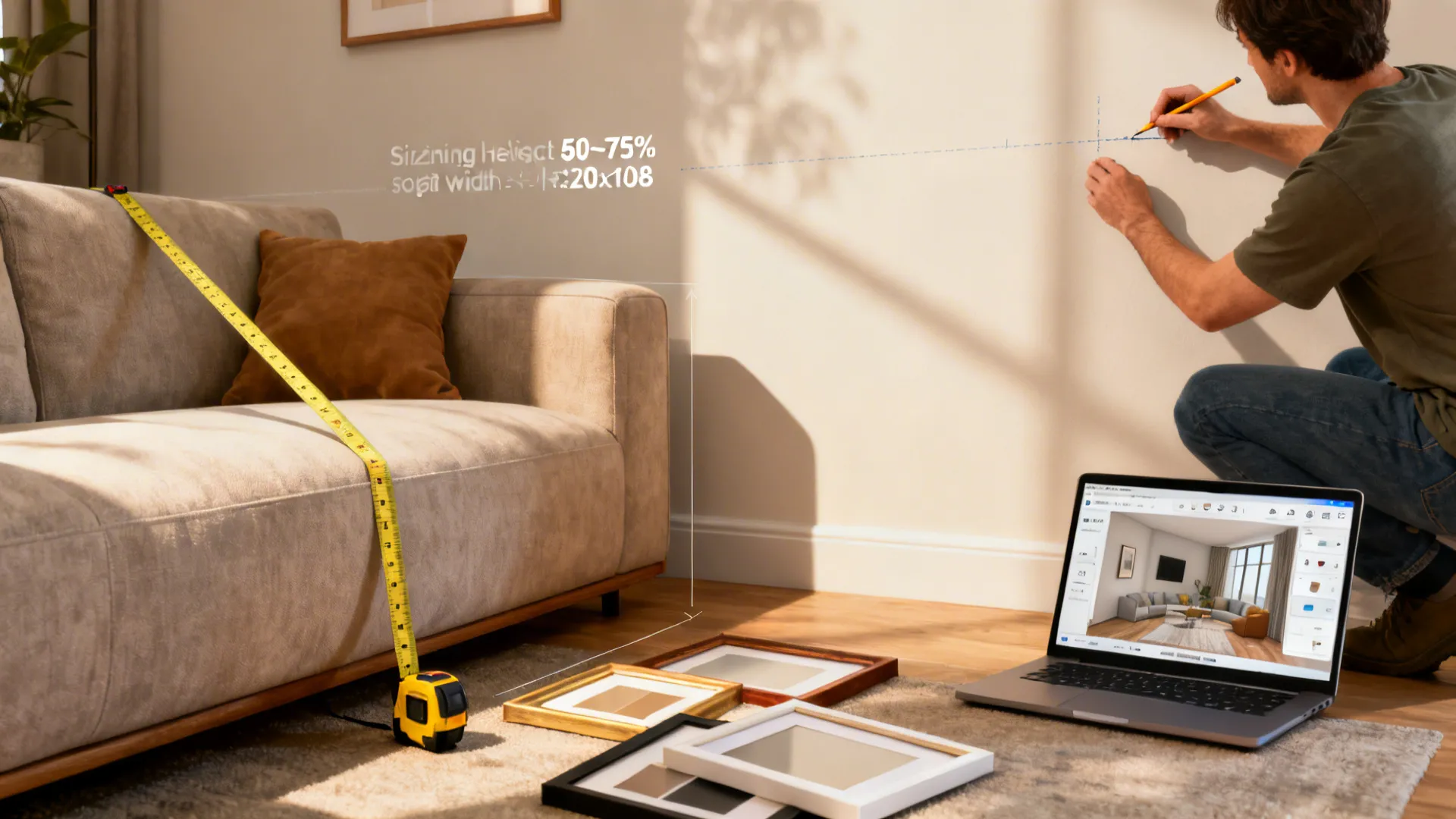 Tools and mockups showing how to size and hang artwork, with a laptop showing a 3D planner.