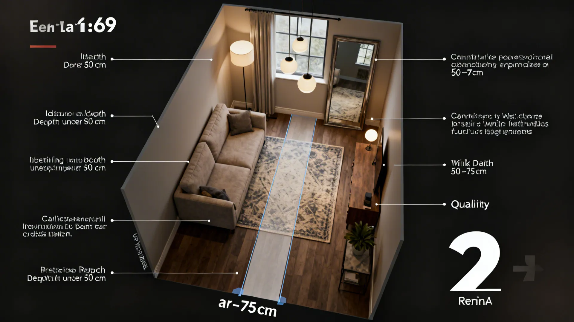 Top-down layout graphic showing recommended clearances and zoning for a small living room.