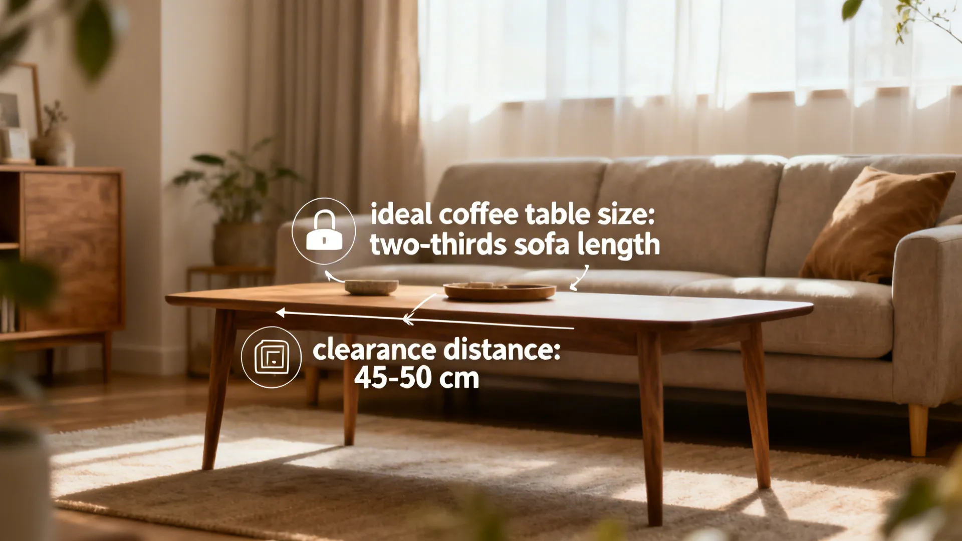 Living room annotated to show recommended coffee table size and clearance for small spaces.