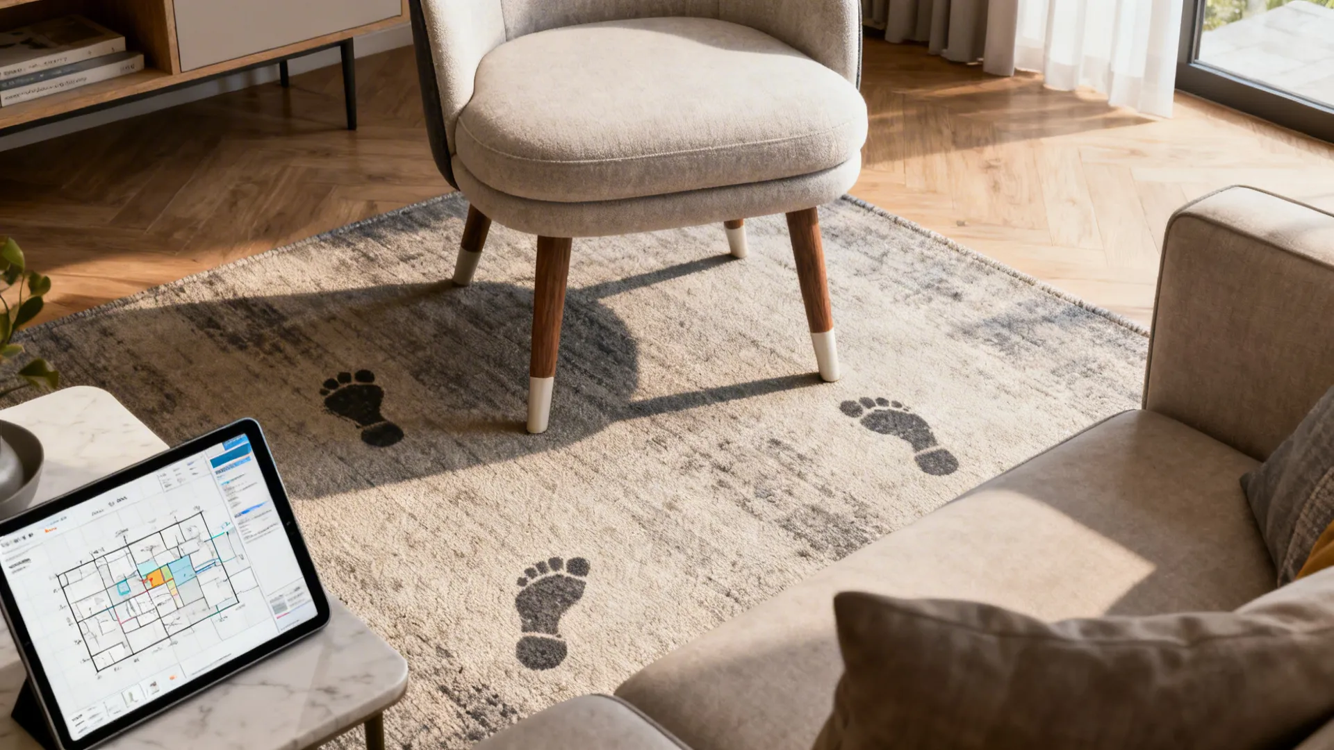 Small living room showing circulation spacing and chair footprints with a tablet floor planner visible.