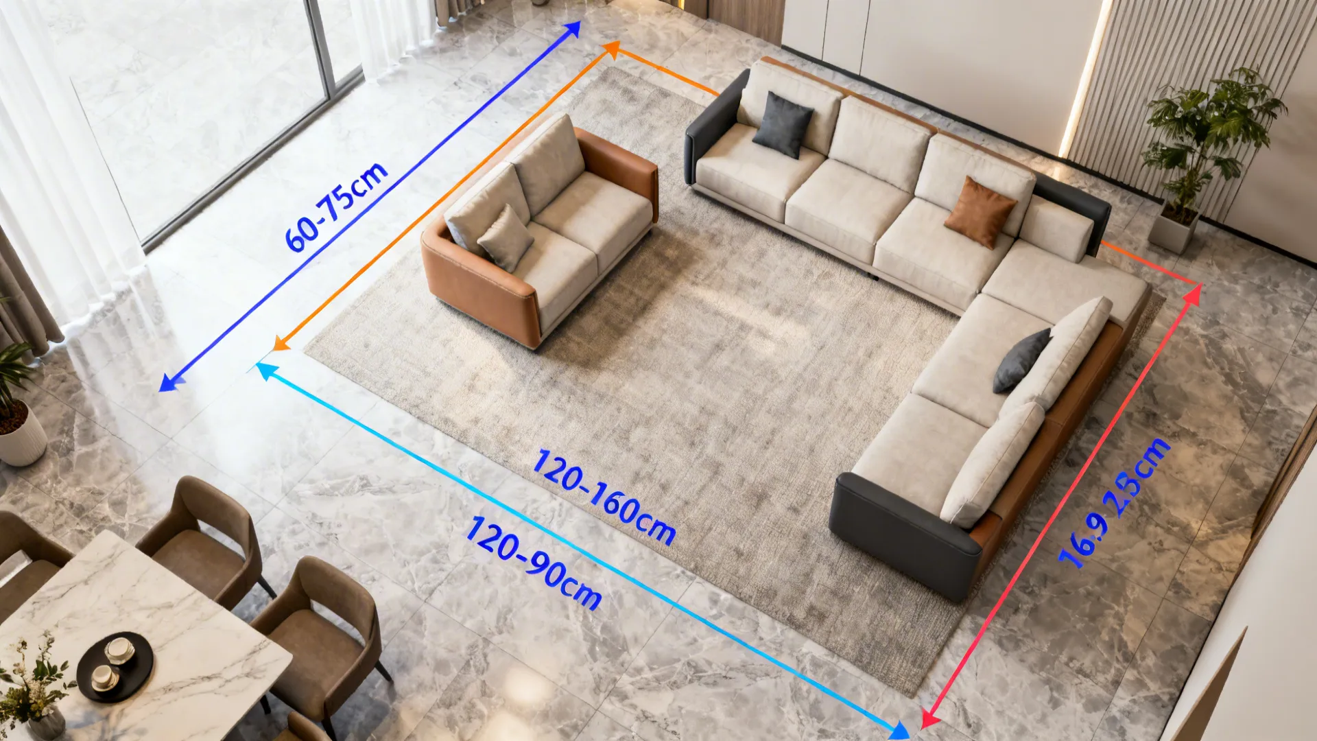 Top-down layout guide showing clearance measurements and sofa sizing for small rooms