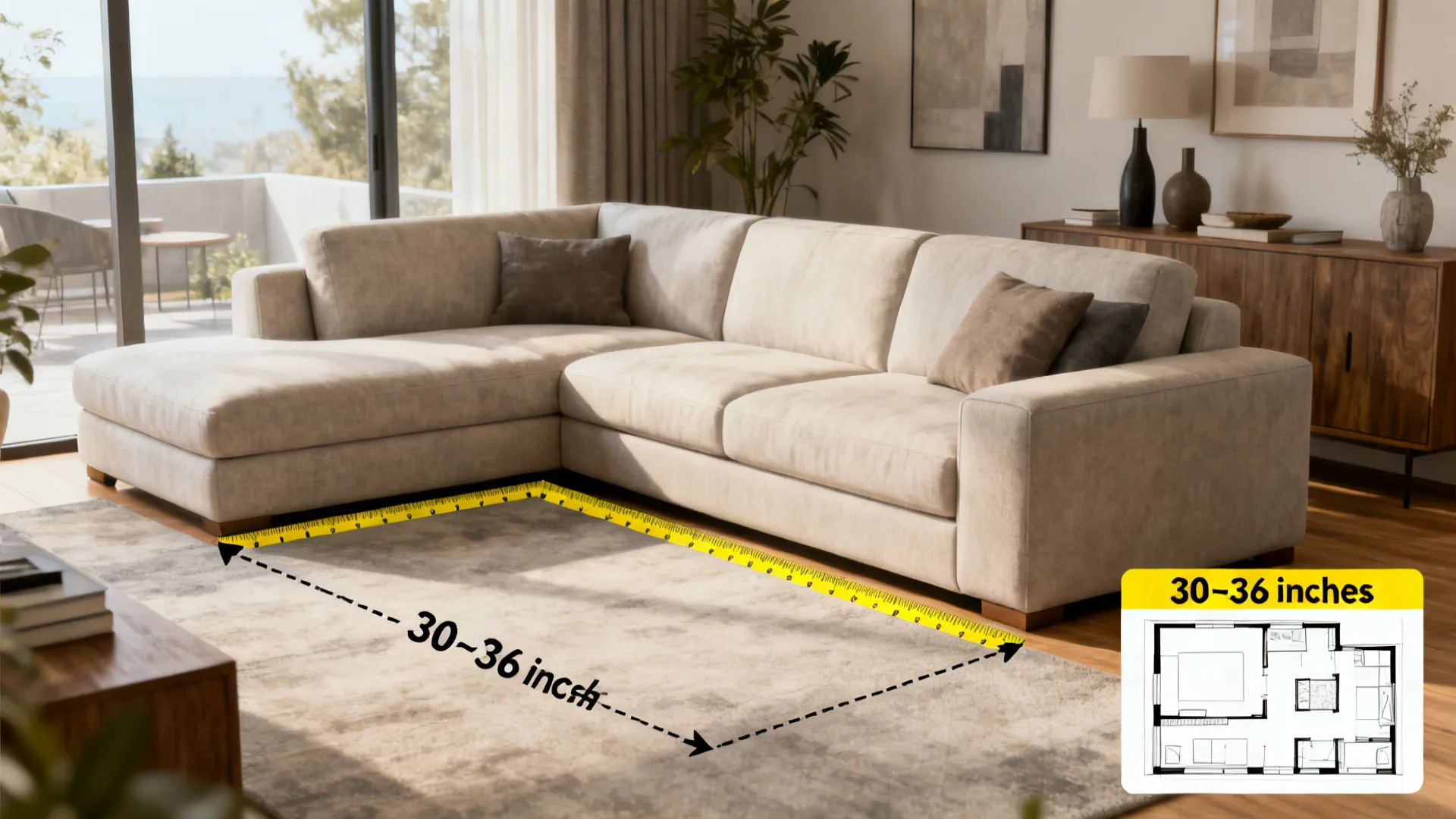 Living room layout with L-shaped sofa showing measurement tape and clearance annotations