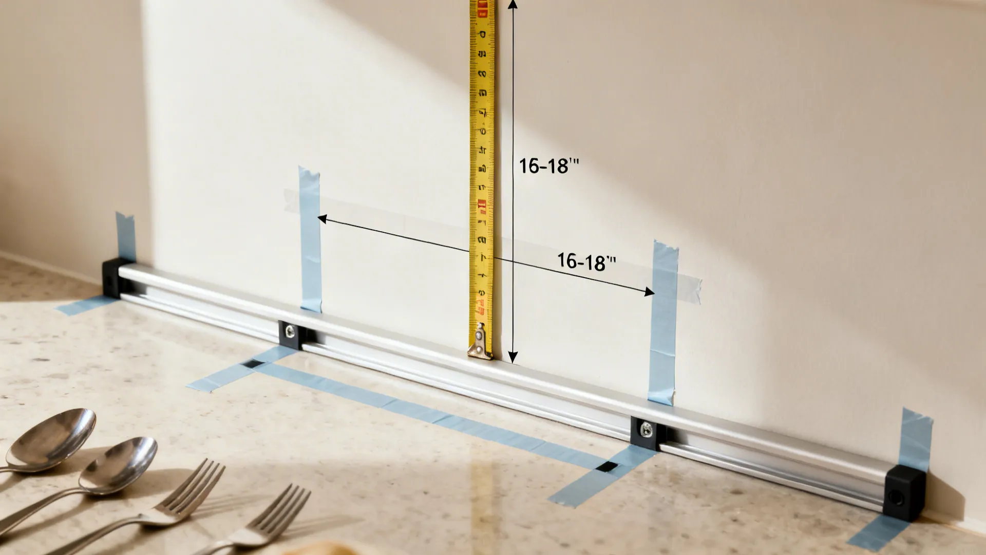 Top-down guide showing measured mounting heights and taped outlines for rails and bars.