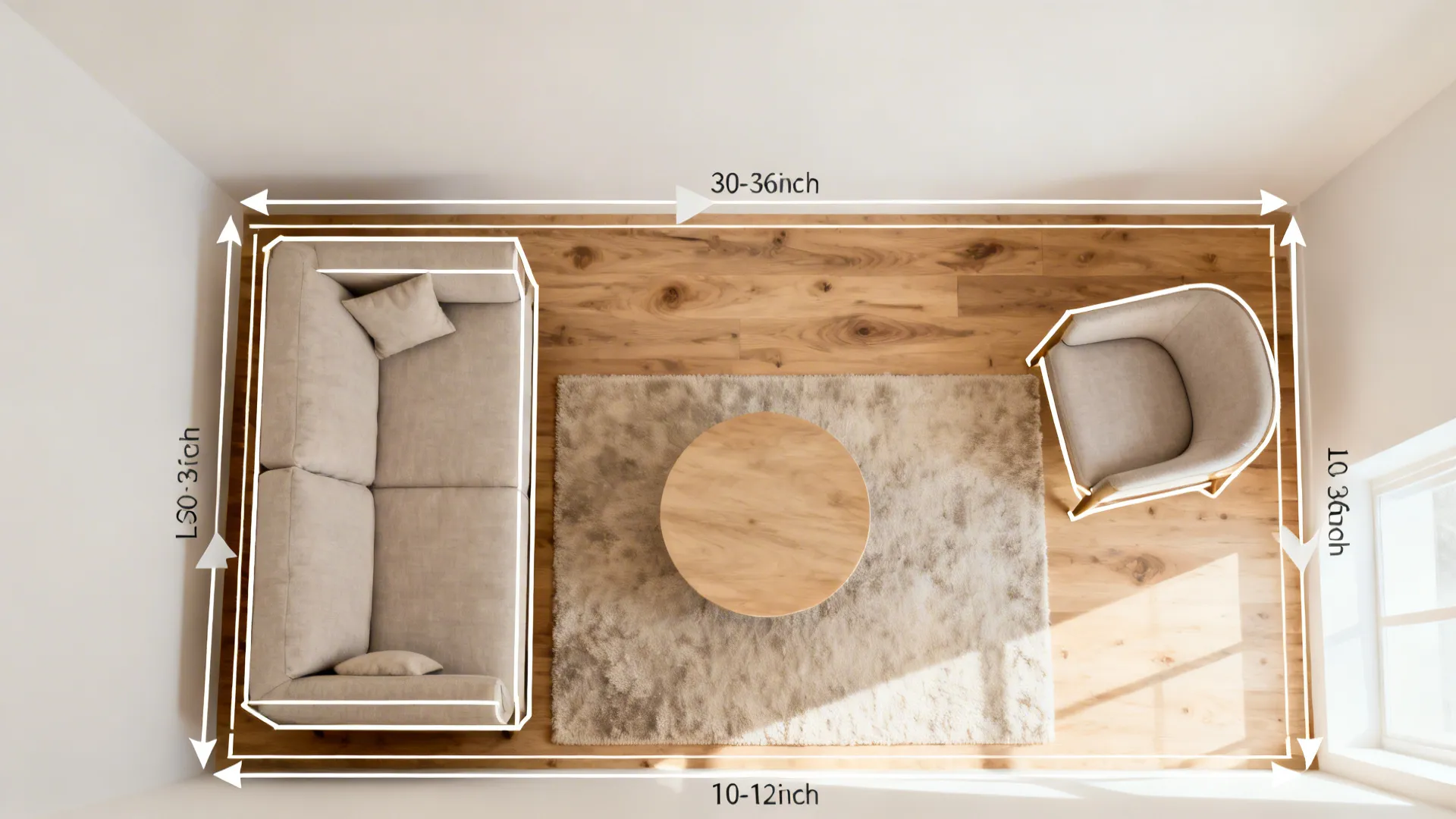 Top-down planning view showing L-shaped seating, round table, and clear circulation paths.