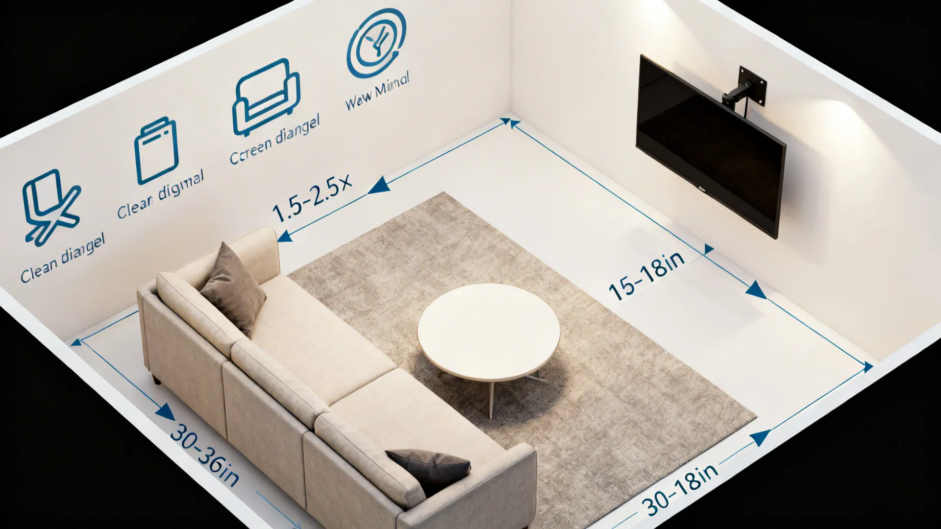 Top-down layout guide showing TV viewing distances and clear circulation around a compact living room.